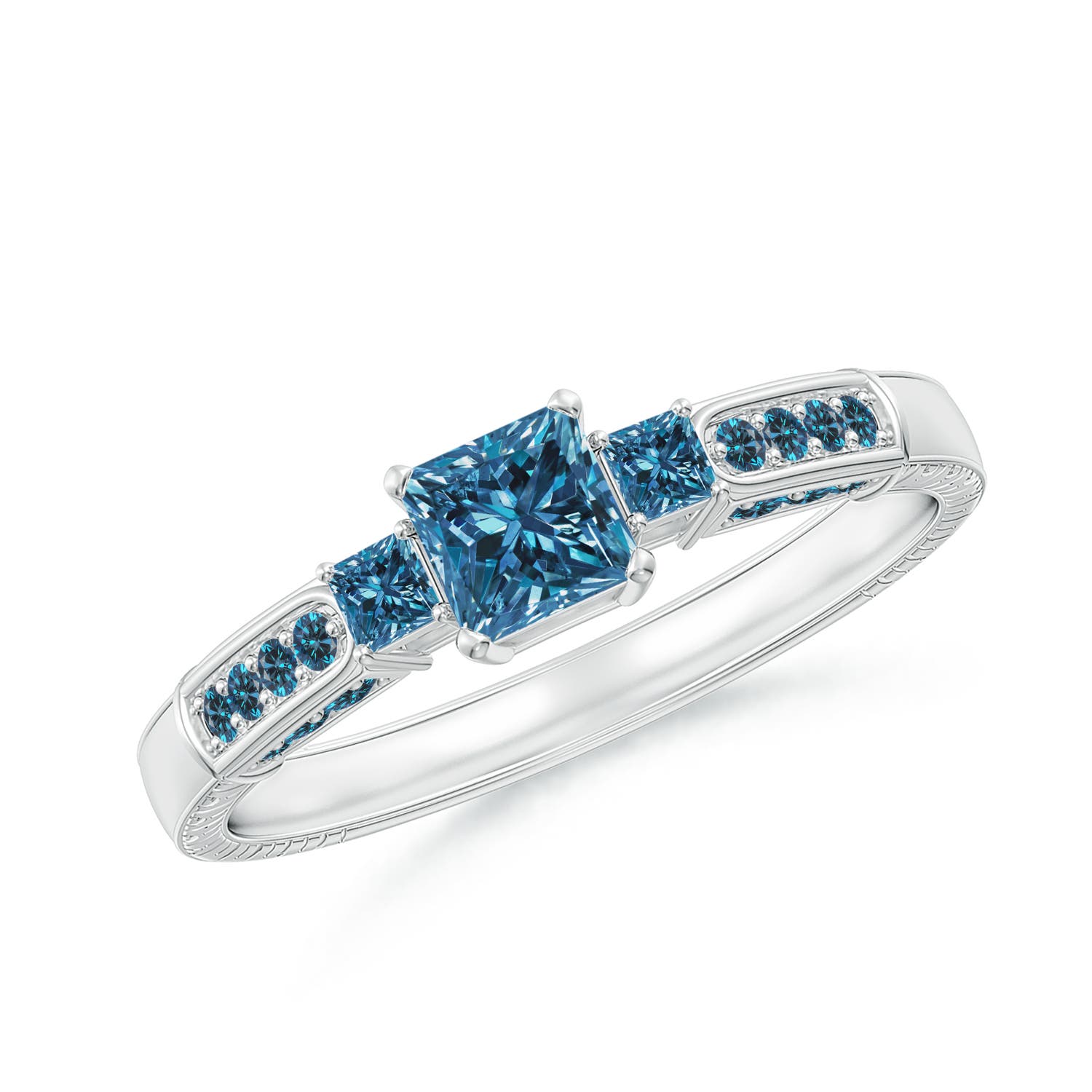 Princess-Cut Enhanced Blue Diamond Three Stone Ring