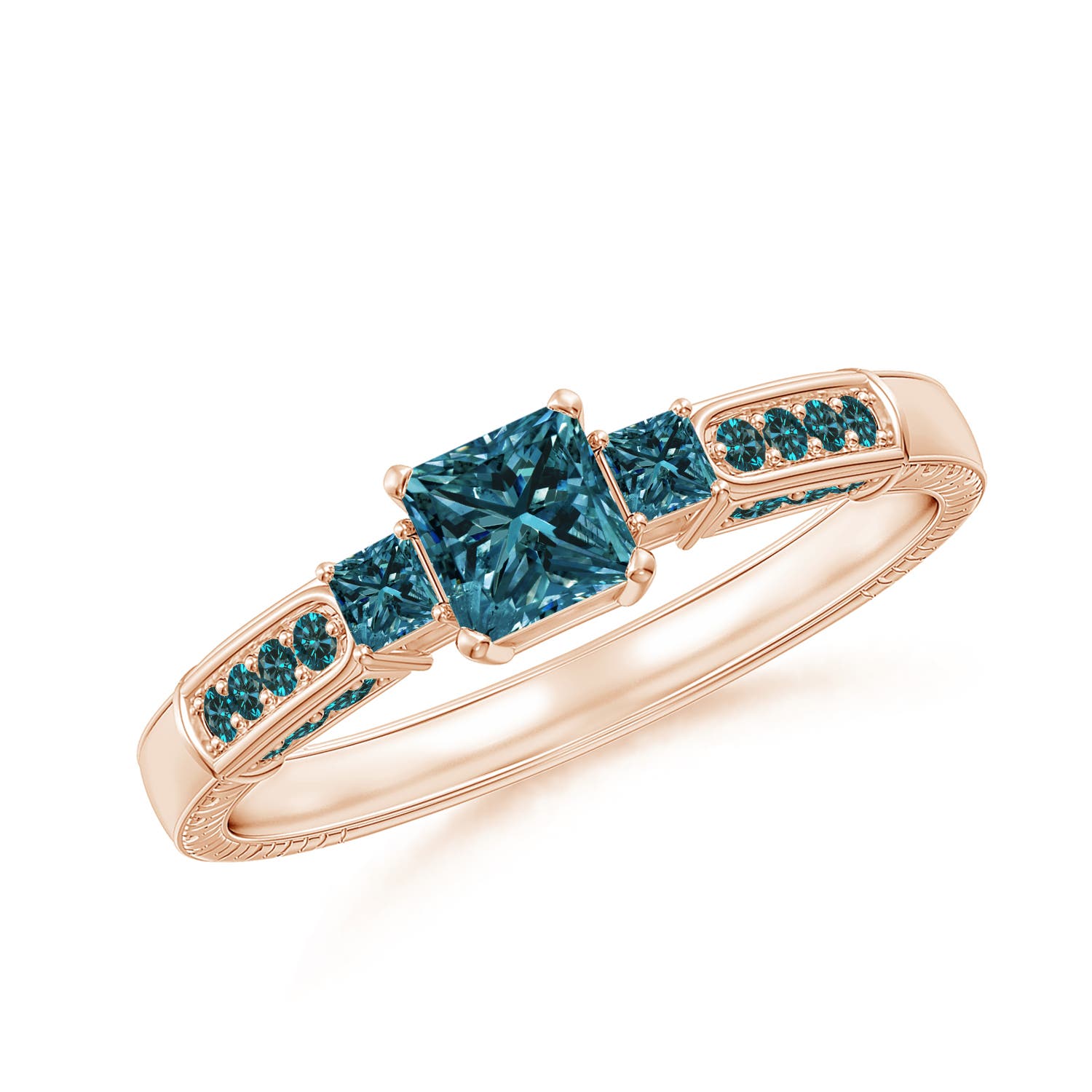 Princess-Cut Enhanced Blue Diamond Three Stone Ring