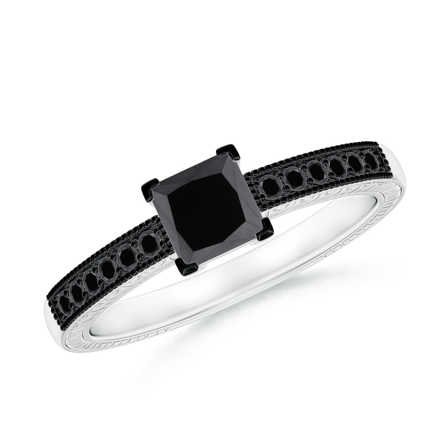 Princess Cut Enhanced Black Diamond Solitaire Ring with Milgrain Detailing