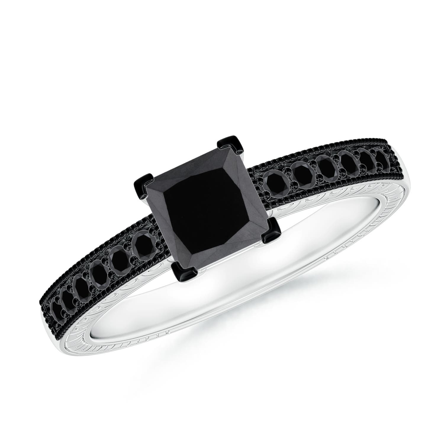 Princess Cut Enhanced Black Diamond Solitaire Ring with Milgrain Detailing