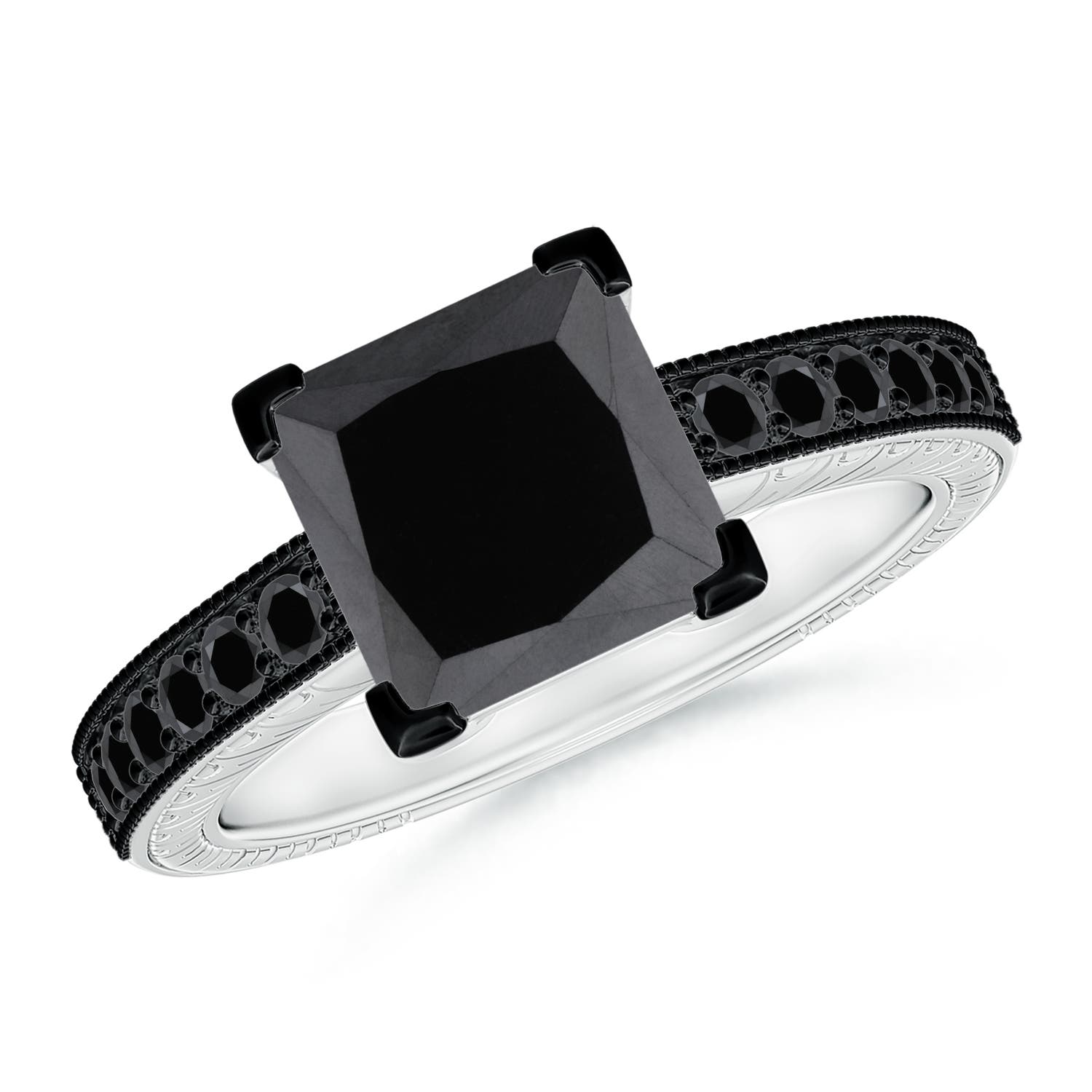 Princess Cut Enhanced Black Diamond Solitaire Ring with Milgrain Detailing