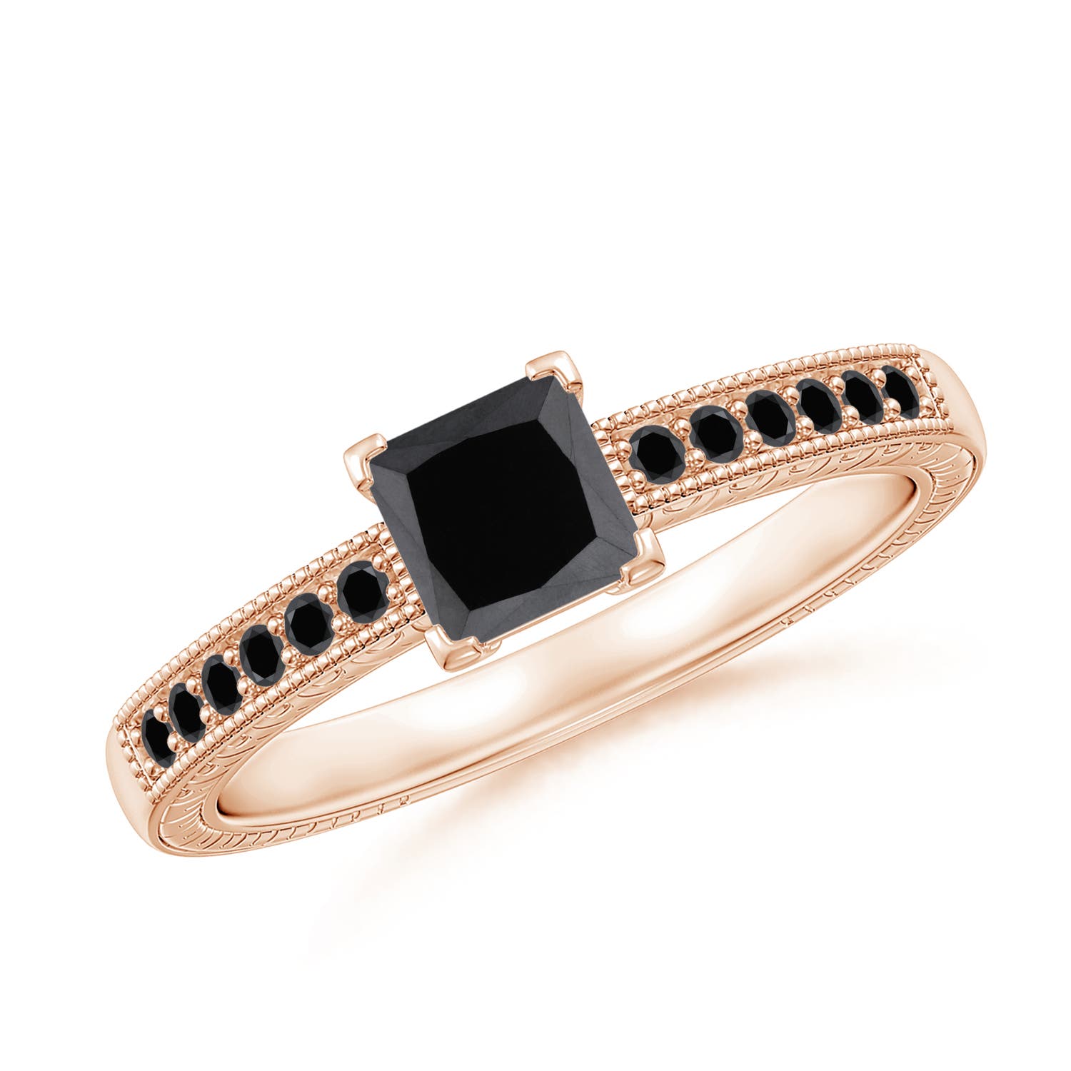 Princess Cut Enhanced Black Diamond Solitaire Ring with Milgrain Detailing