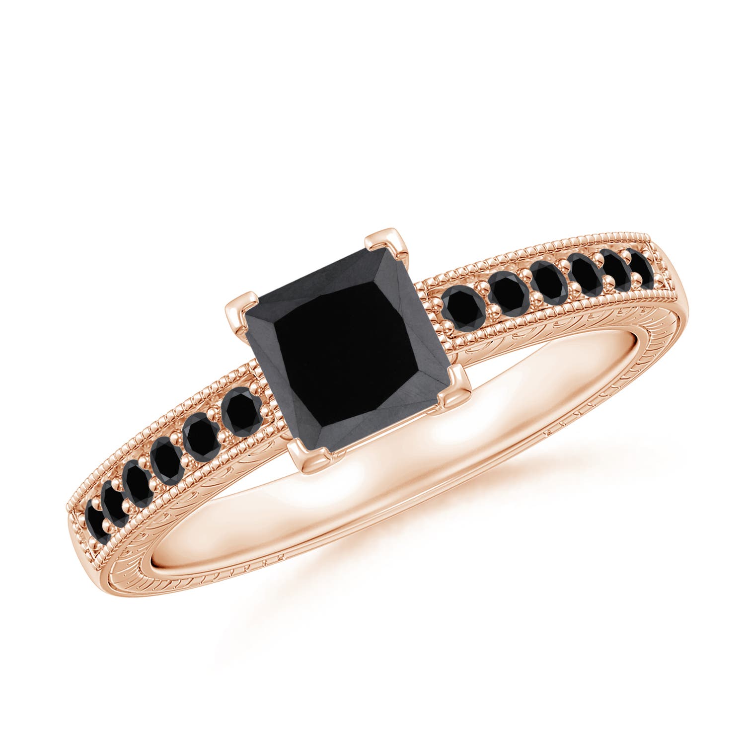 Princess Cut Enhanced Black Diamond Solitaire Ring with Milgrain Detailing
