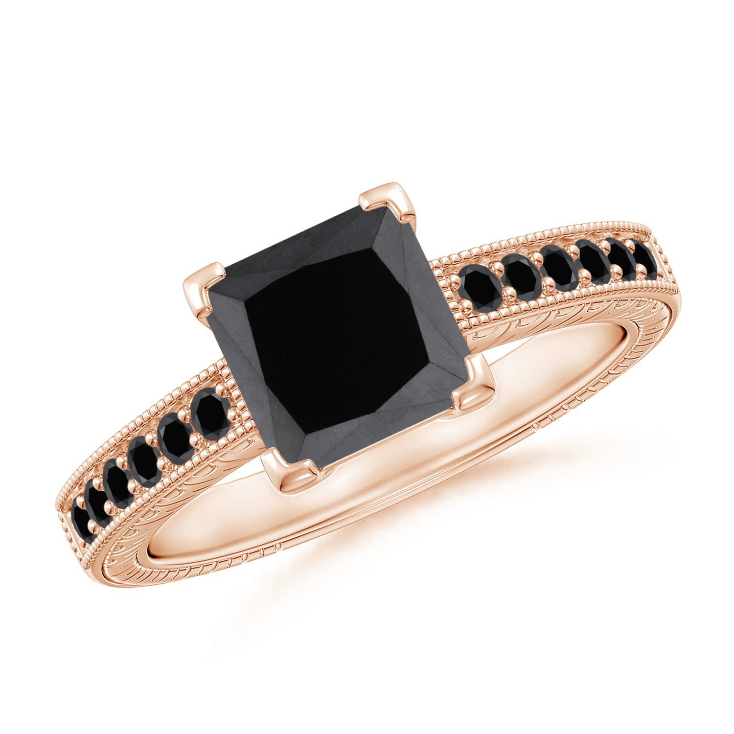 Princess Cut Enhanced Black Diamond Solitaire Ring with Milgrain Detailing
