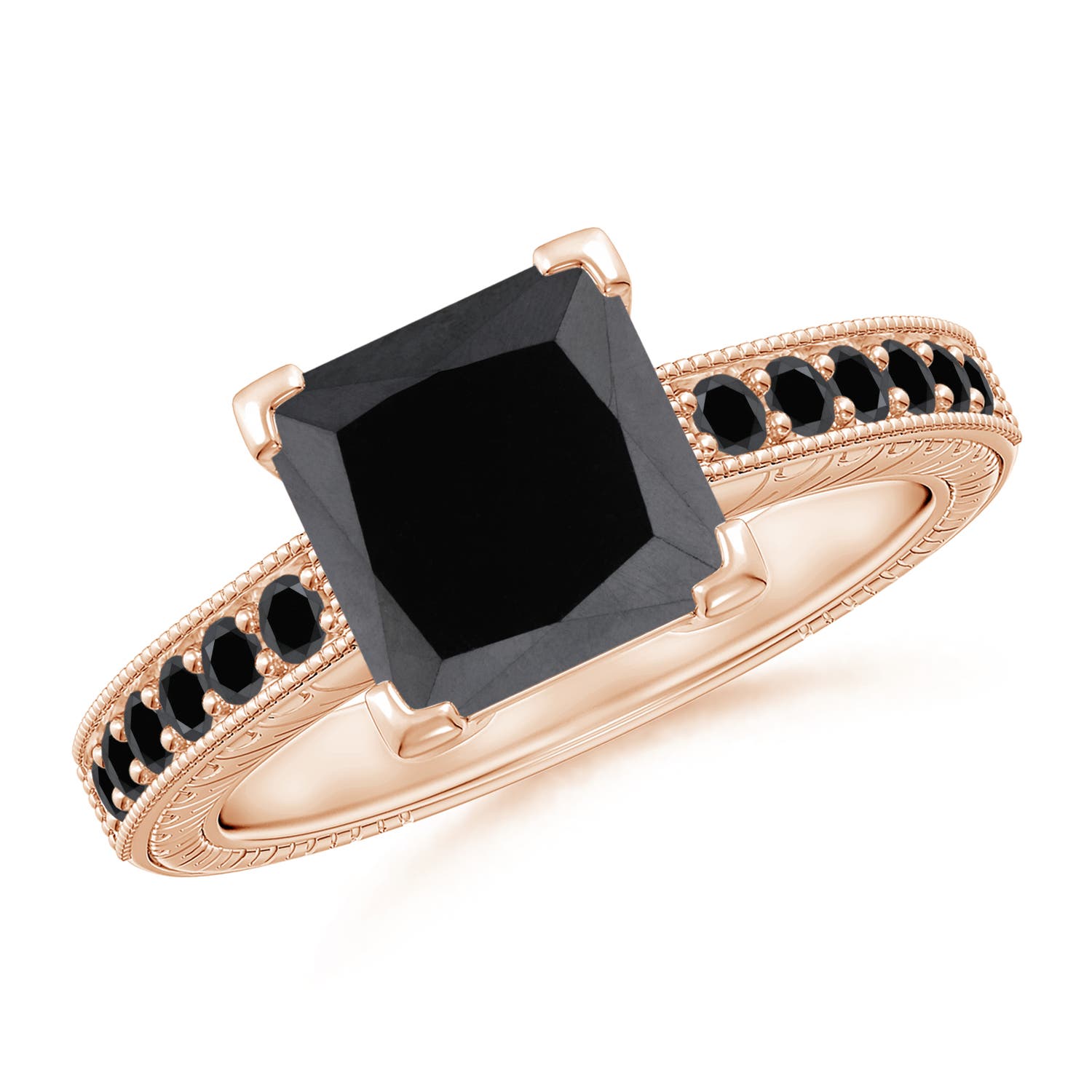Princess Cut Enhanced Black Diamond Solitaire Ring with Milgrain Detailing