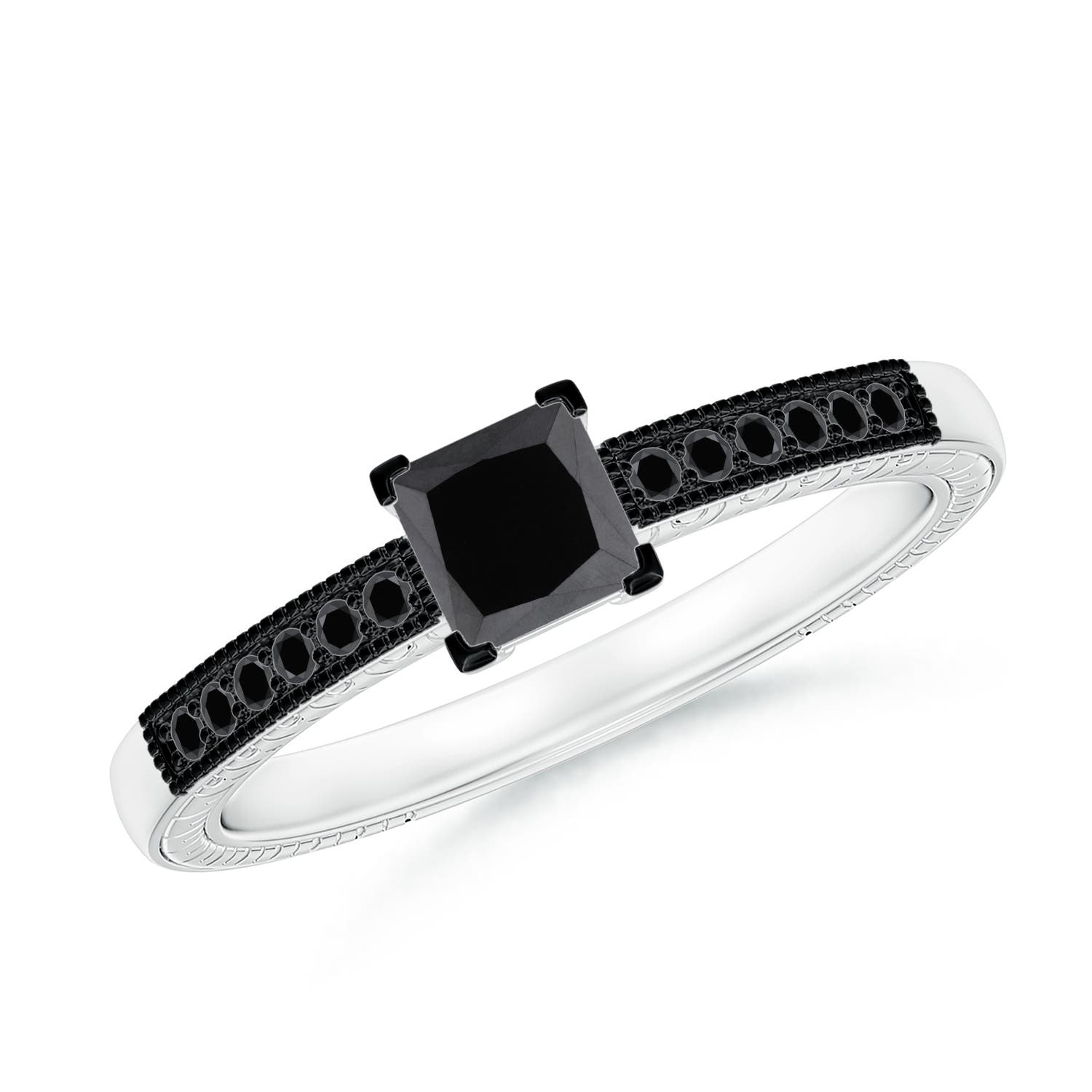 Princess Cut Enhanced Black Diamond Solitaire Ring with Milgrain Detailing