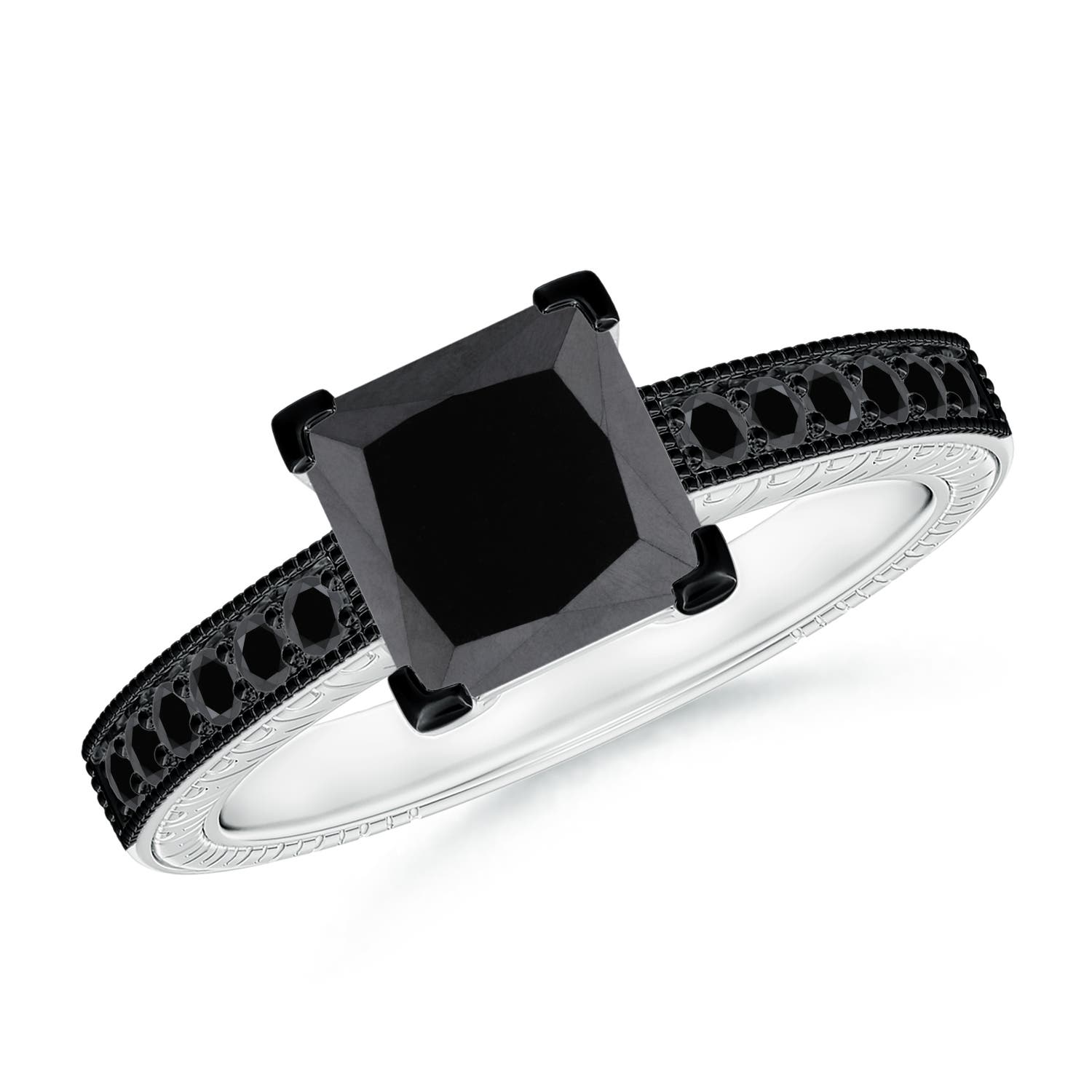 Princess Cut Enhanced Black Diamond Solitaire Ring with Milgrain Detailing