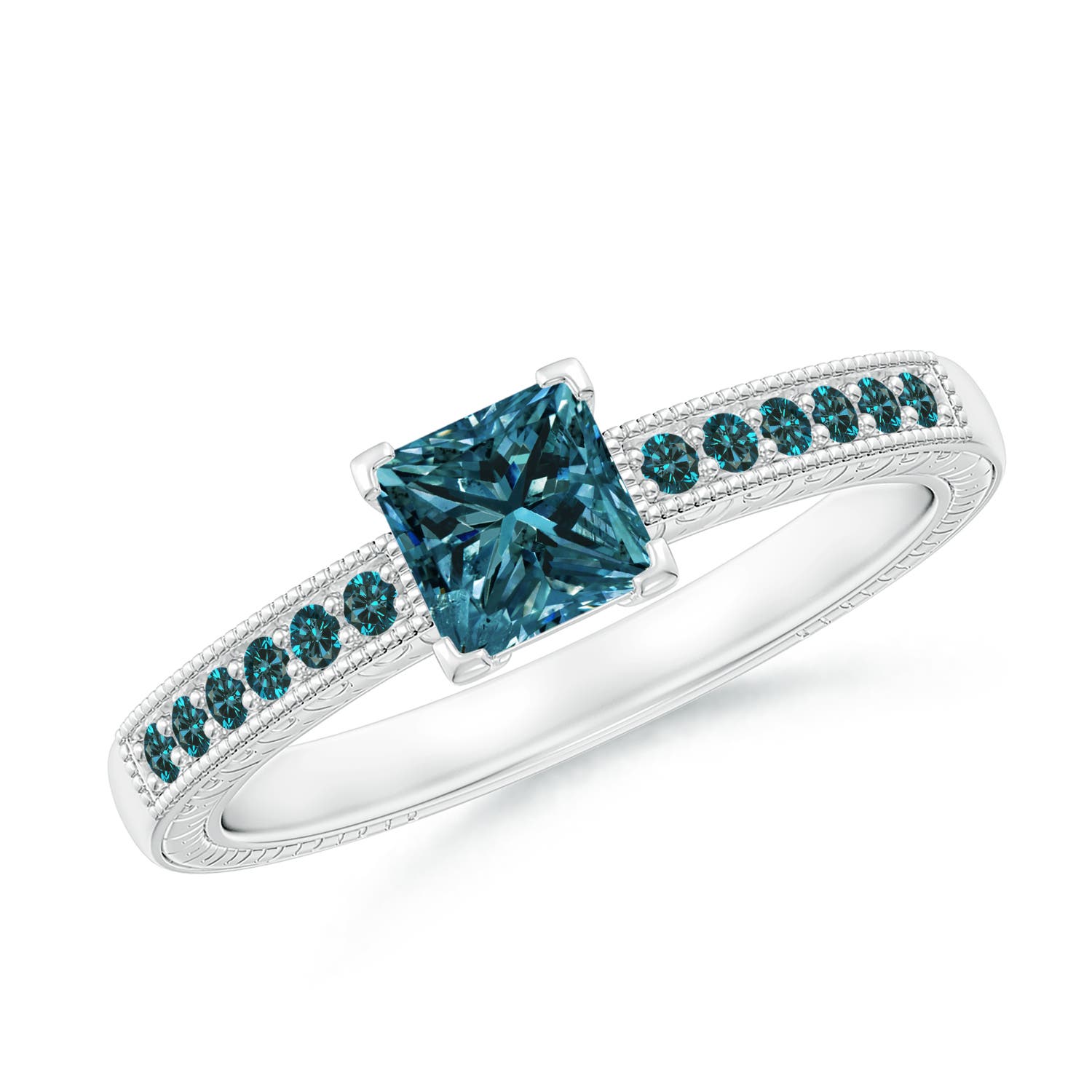 Princess Cut Enhanced Blue Diamond Solitaire Ring with Milgrain Detailing