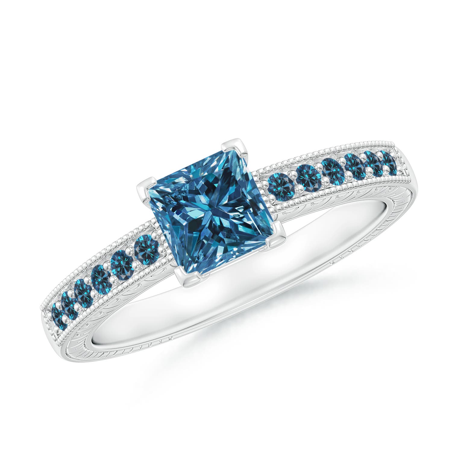 Princess Cut Enhanced Blue Diamond Solitaire Ring with Milgrain Detailing