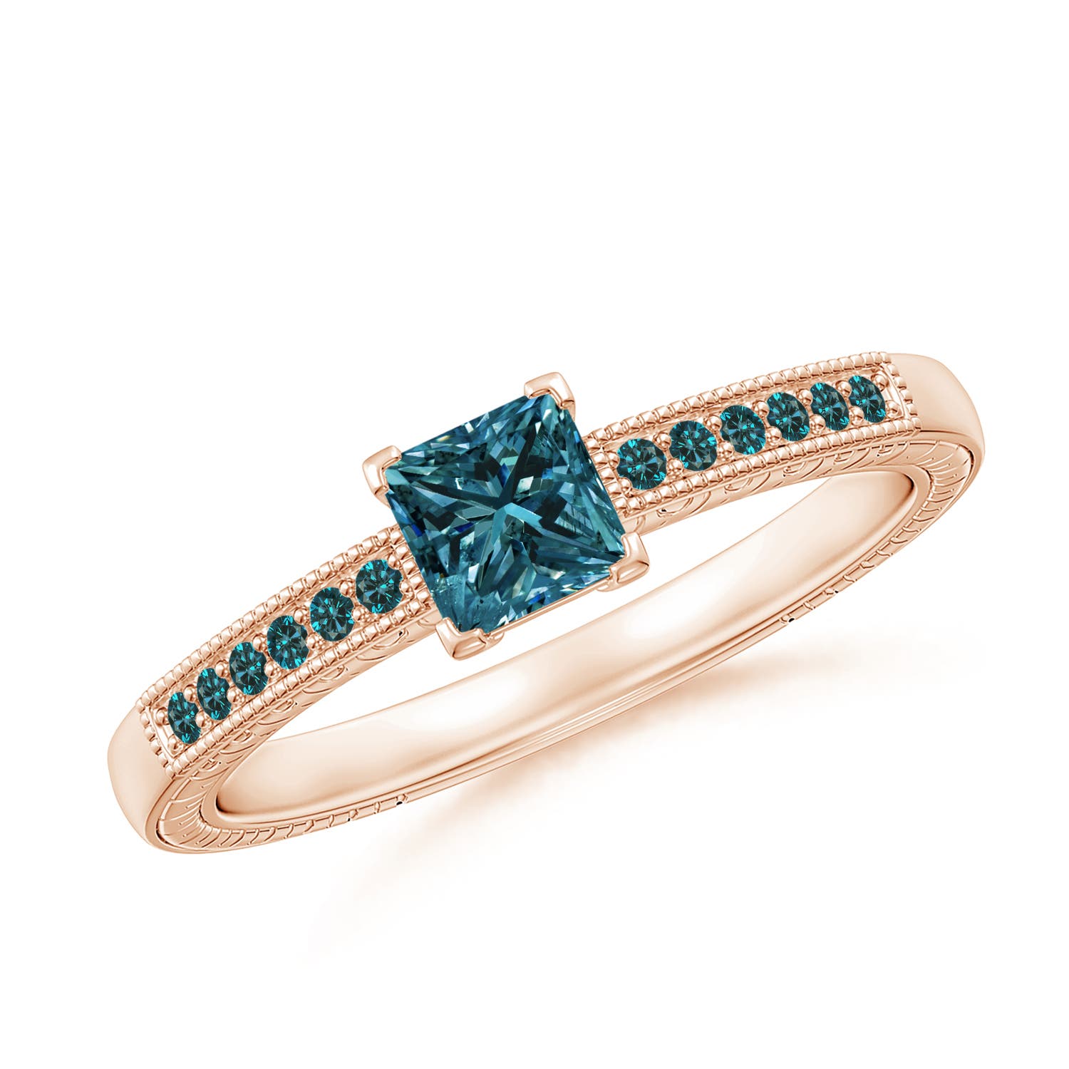 Princess Cut Enhanced Blue Diamond Solitaire Ring with Milgrain Detailing