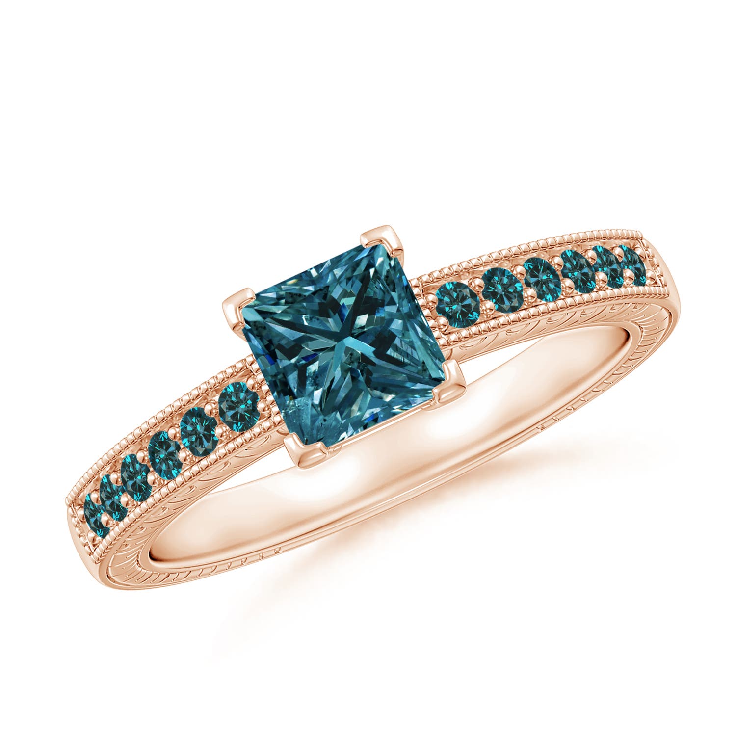 Princess Cut Enhanced Blue Diamond Solitaire Ring with Milgrain Detailing