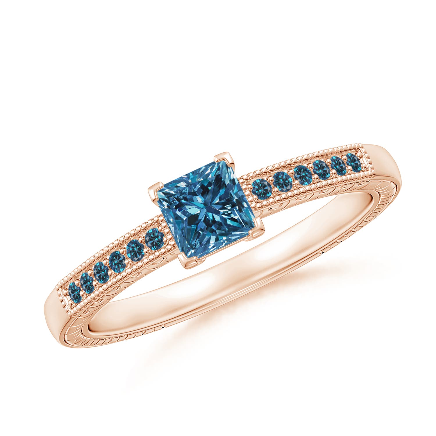 Princess Cut Enhanced Blue Diamond Solitaire Ring with Milgrain Detailing