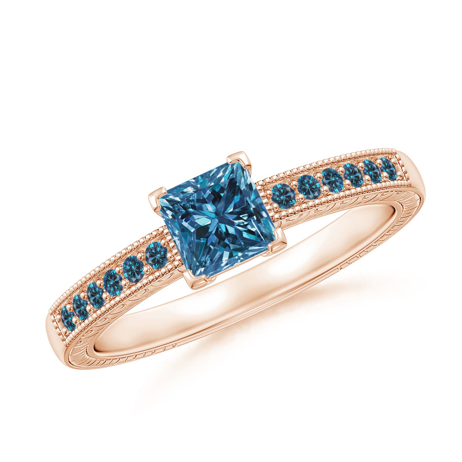 Princess Cut Enhanced Blue Diamond Solitaire Ring with Milgrain Detailing