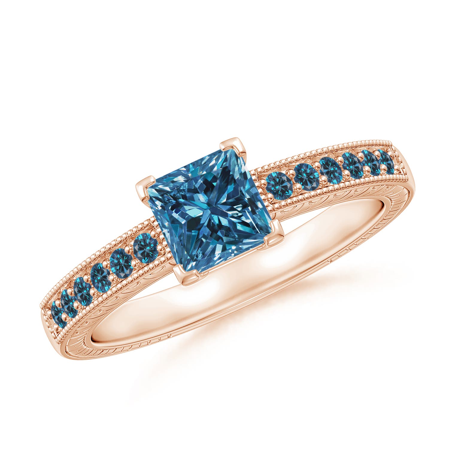 Princess Cut Enhanced Blue Diamond Solitaire Ring with Milgrain Detailing
