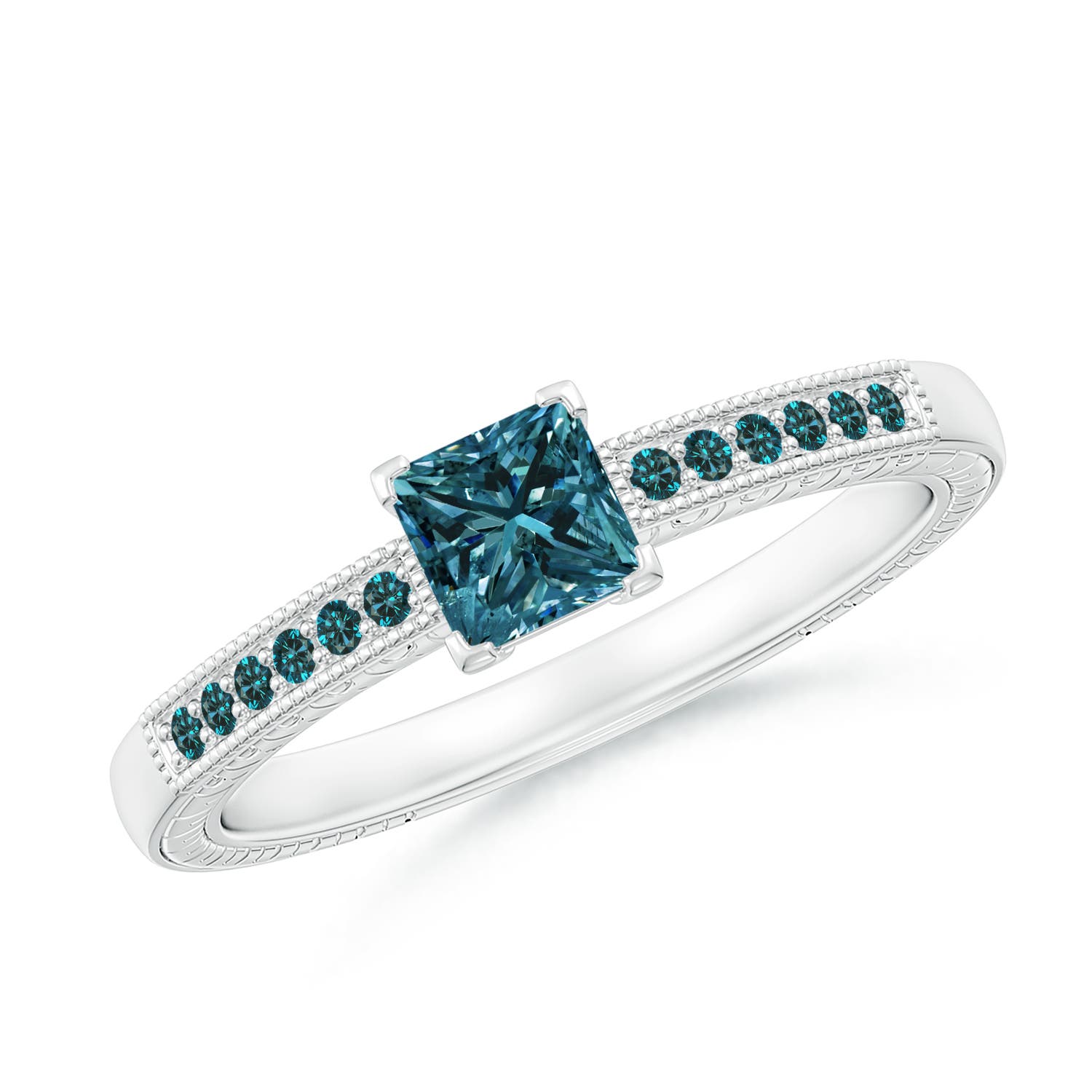 Princess Cut Enhanced Blue Diamond Solitaire Ring with Milgrain Detailing
