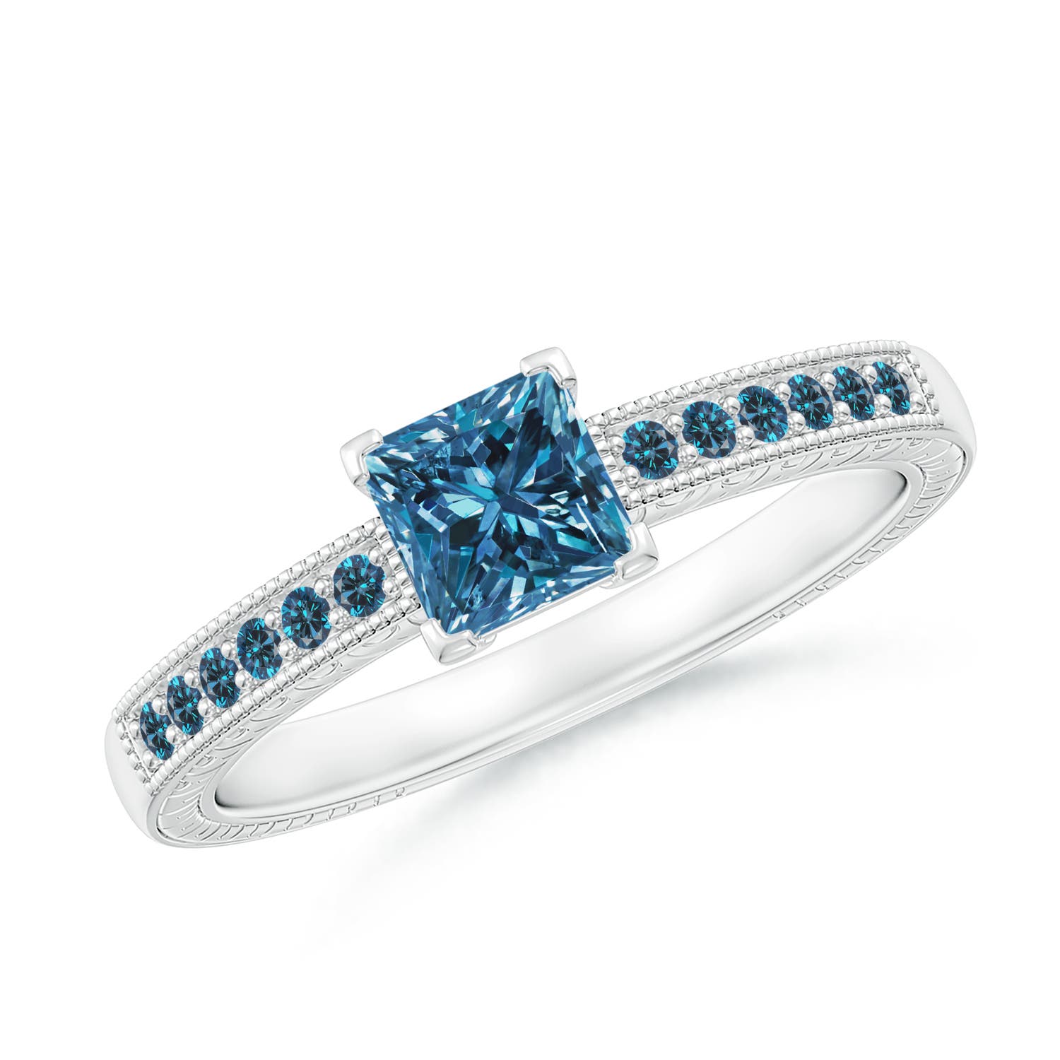 Princess Cut Enhanced Blue Diamond Solitaire Ring with Milgrain Detailing