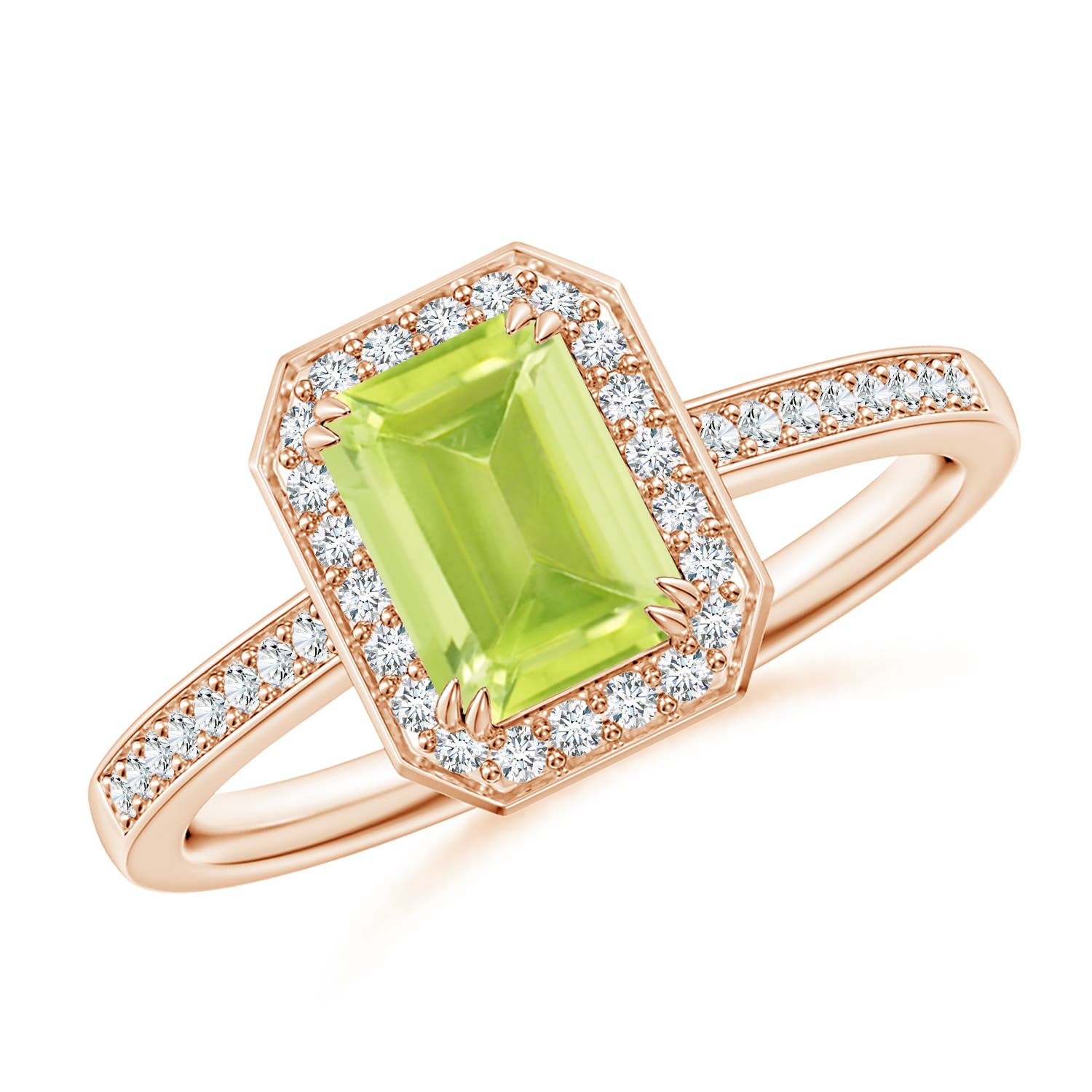 EMERALDCUT PERIDOT ENGAGEMENT Ring with Diamond Halo in Gold/Platinum