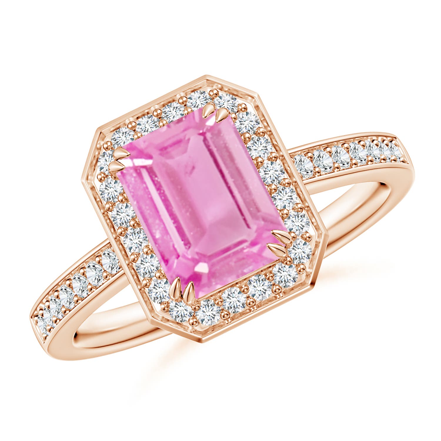 Emerald-Cut Pink Sapphire Engagement Ring with Diamond Halo | Angara