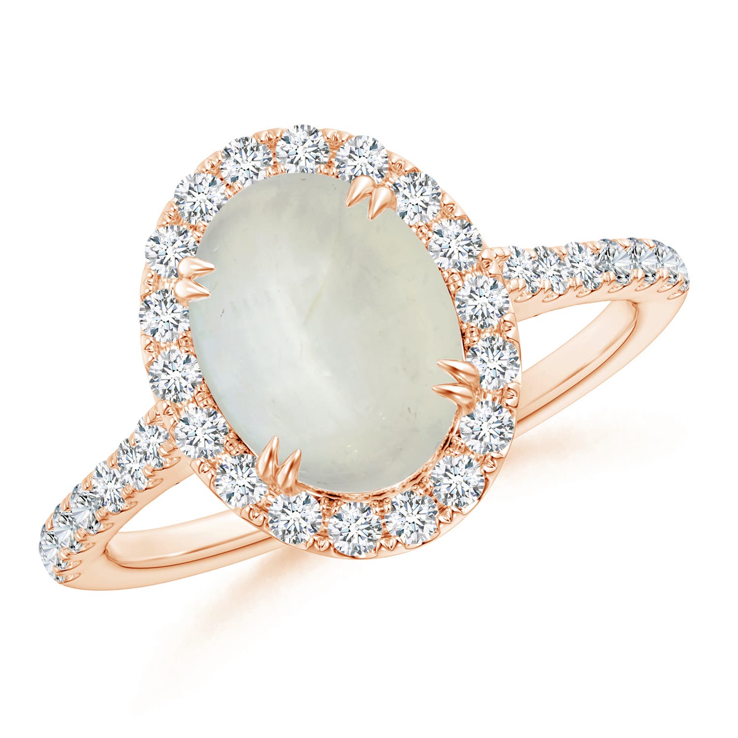 Double Claw-Set Oval Moonstone Halo Ring with Diamonds