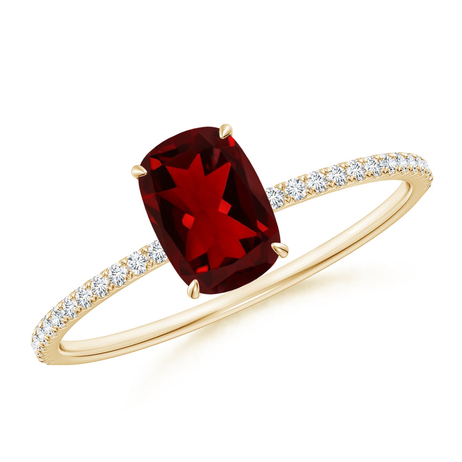 Thin Shank Cushion Cut Garnet Ring With Diamond Accents | Angara