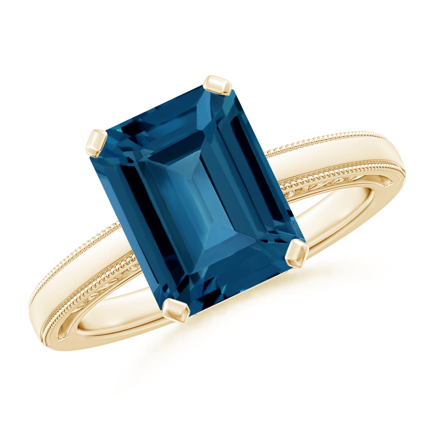 Emerald Cut London Blue Topaz Solitaire Ring With Milgrain Angara Emerald Cut London Blue Topaz Solitaire