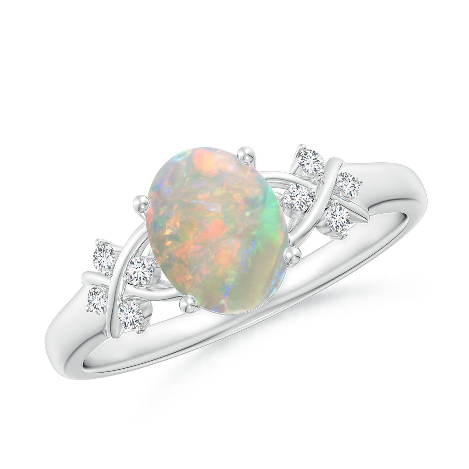 Solitaire Oval Opal Criss Cross Ring with Diamonds