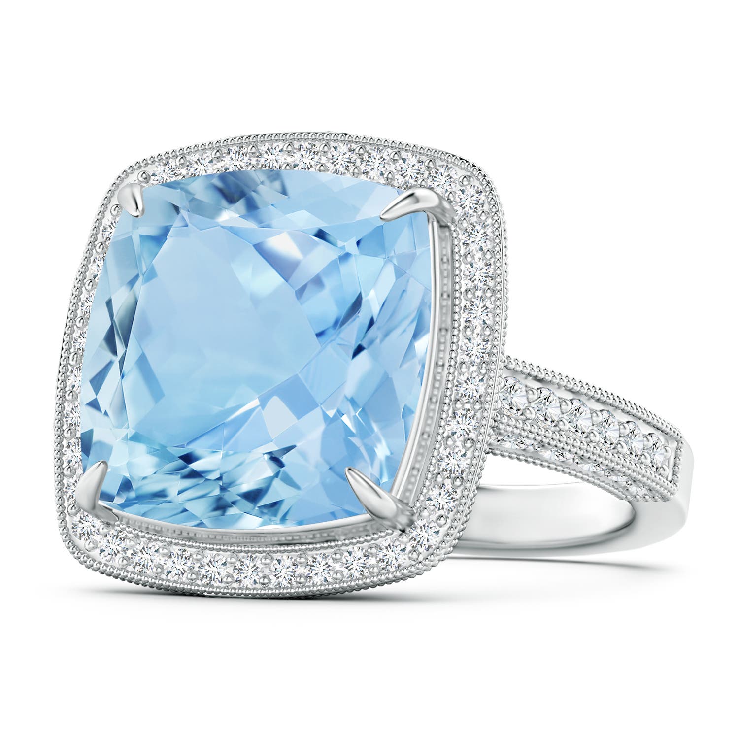 Classic Claw-Set Cushion Aquamarine Halo Ring