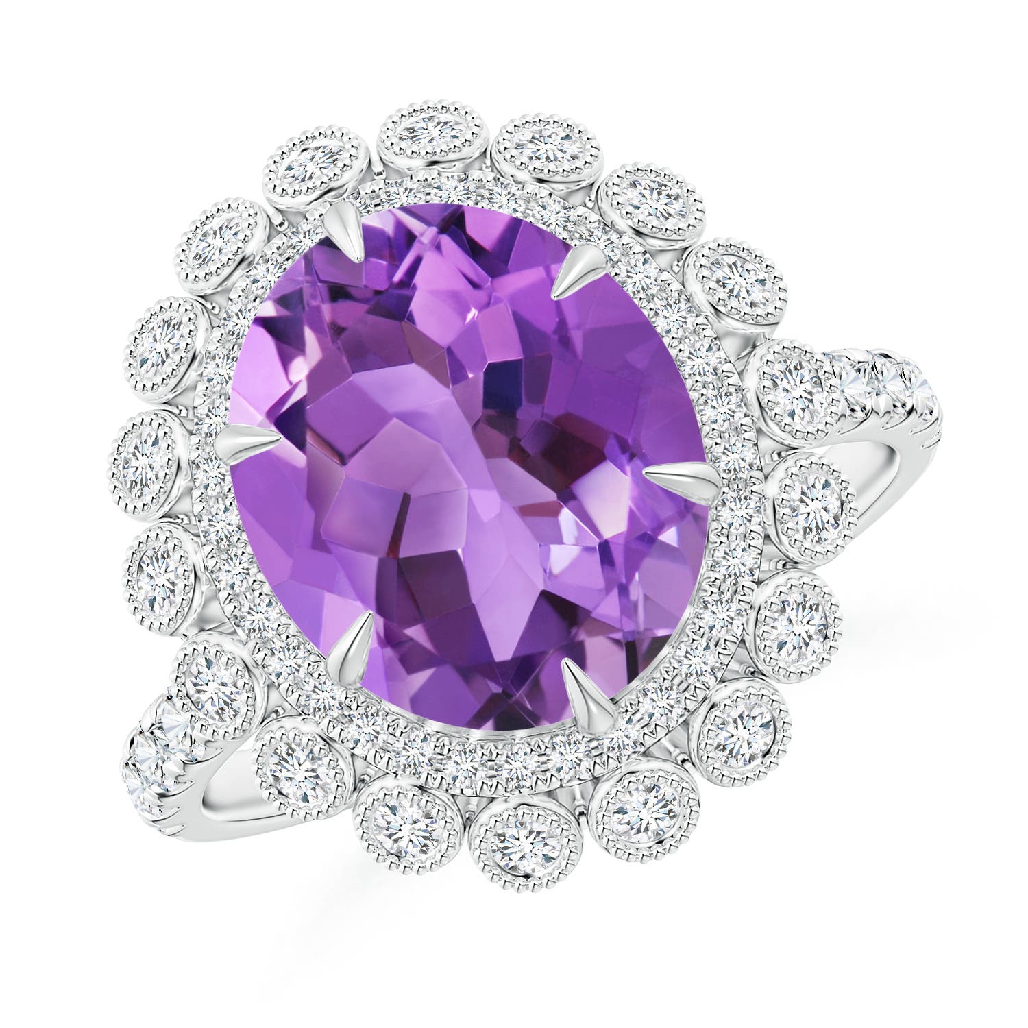 Claw-Set Oval Amethyst Double Halo Cocktail Ring