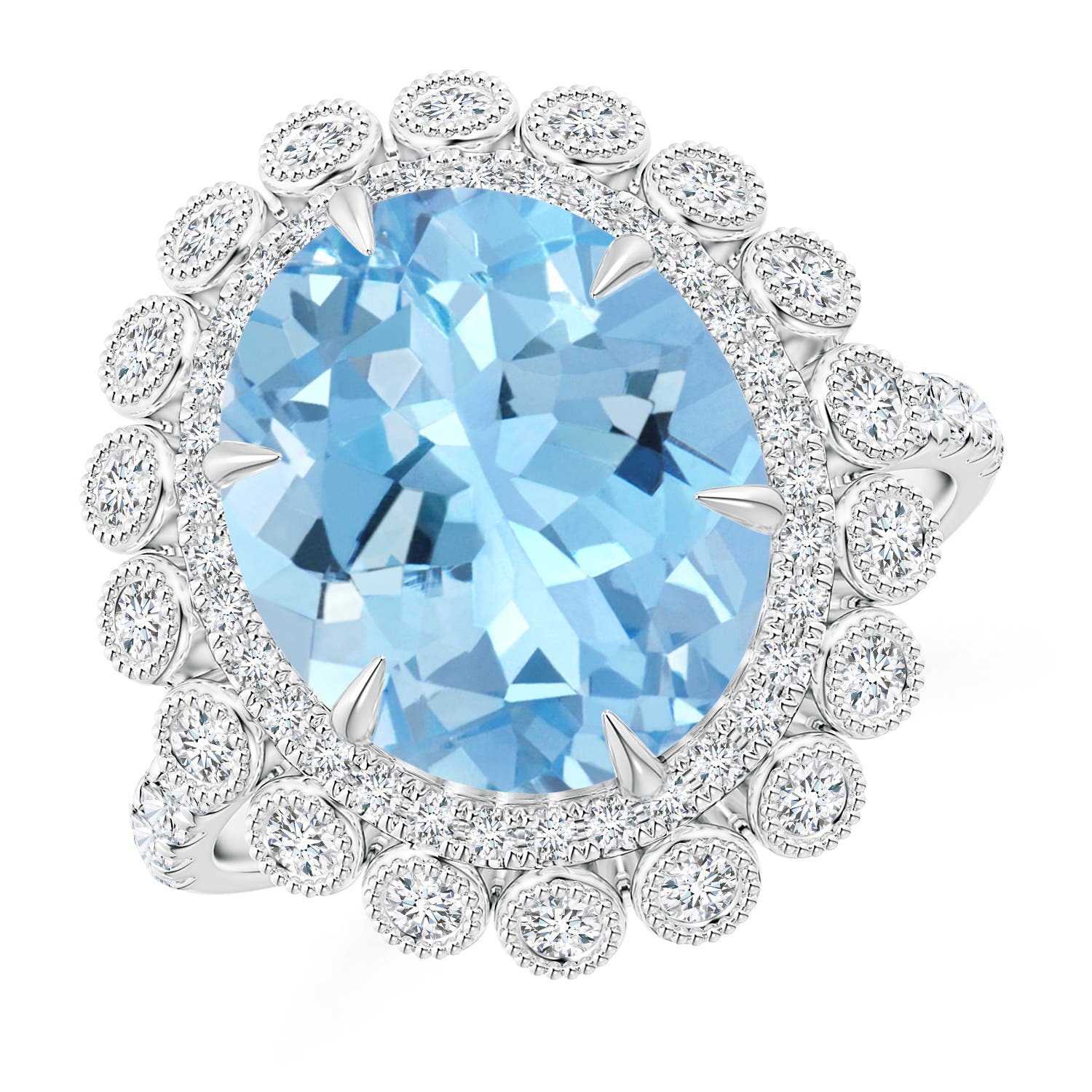 Claw-Set Oval Aquamarine Double Halo Cocktail Ring