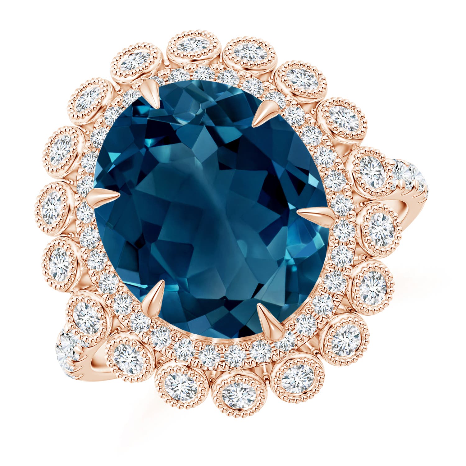 Claw-Set Oval London Blue Topaz Double Halo Cocktail Ring