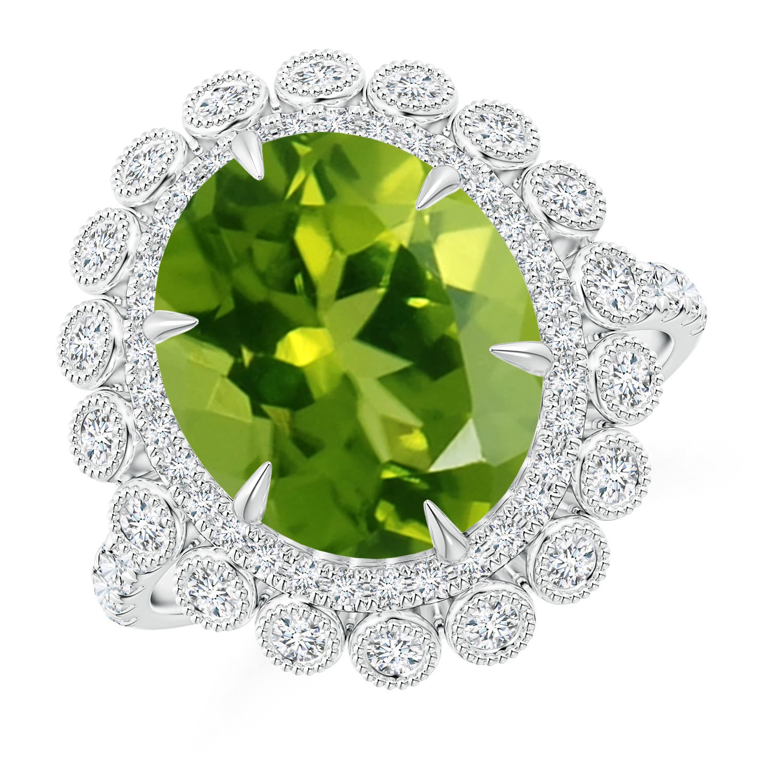 Claw-Set Oval Peridot Double Halo Cocktail Ring
