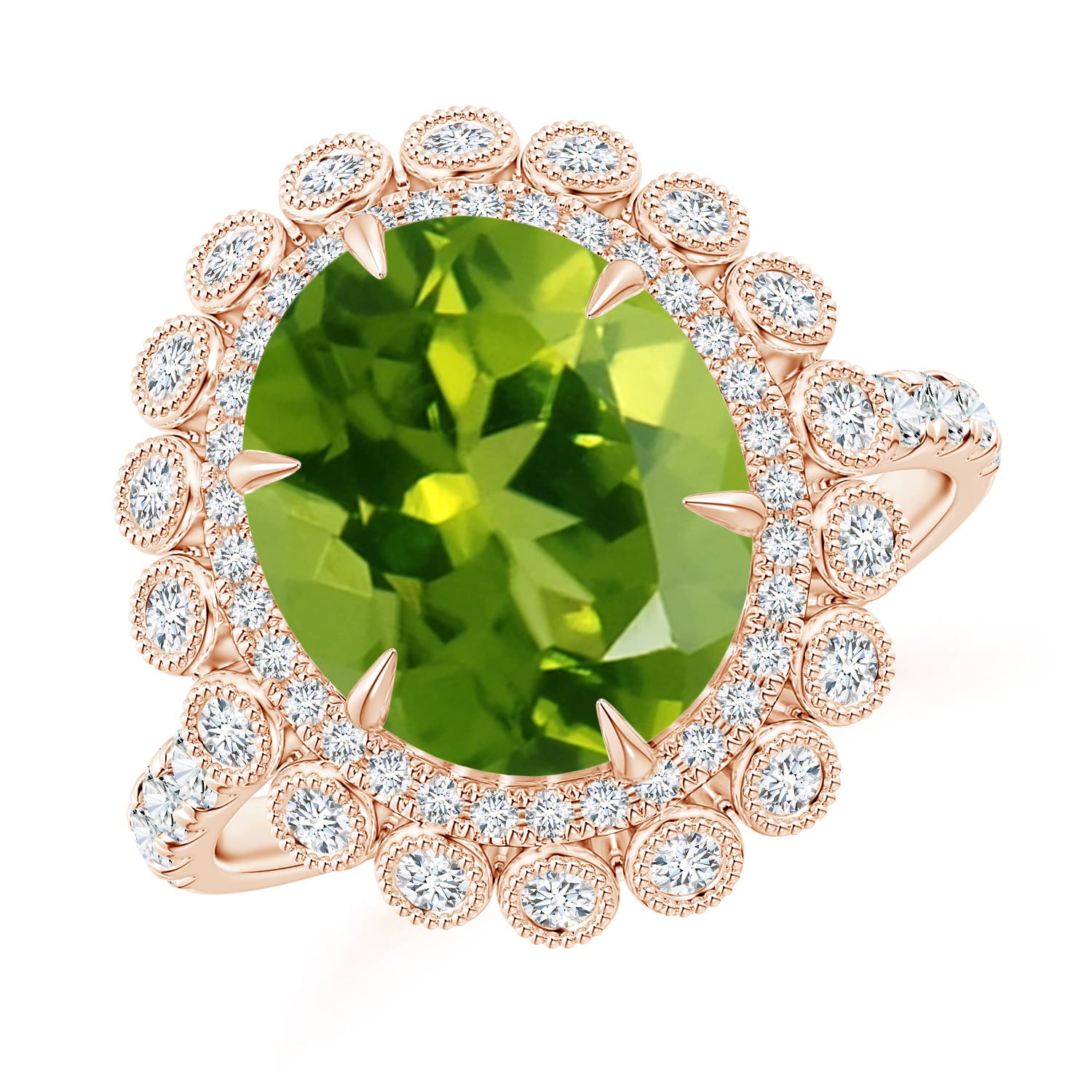 Claw-Set Oval Peridot Double Halo Cocktail Ring