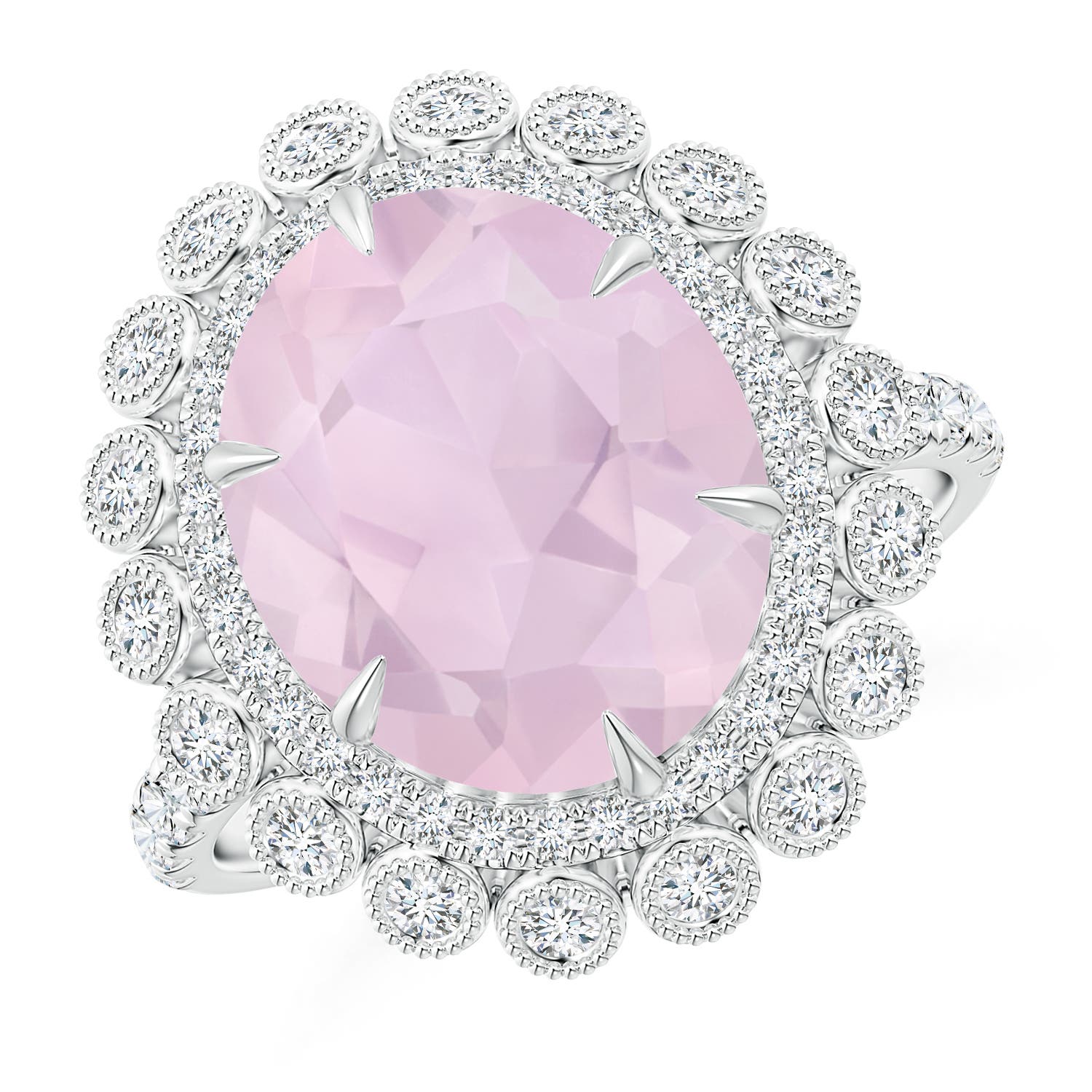 Claw-Set Oval Rose Quartz Double Halo Cocktail Ring