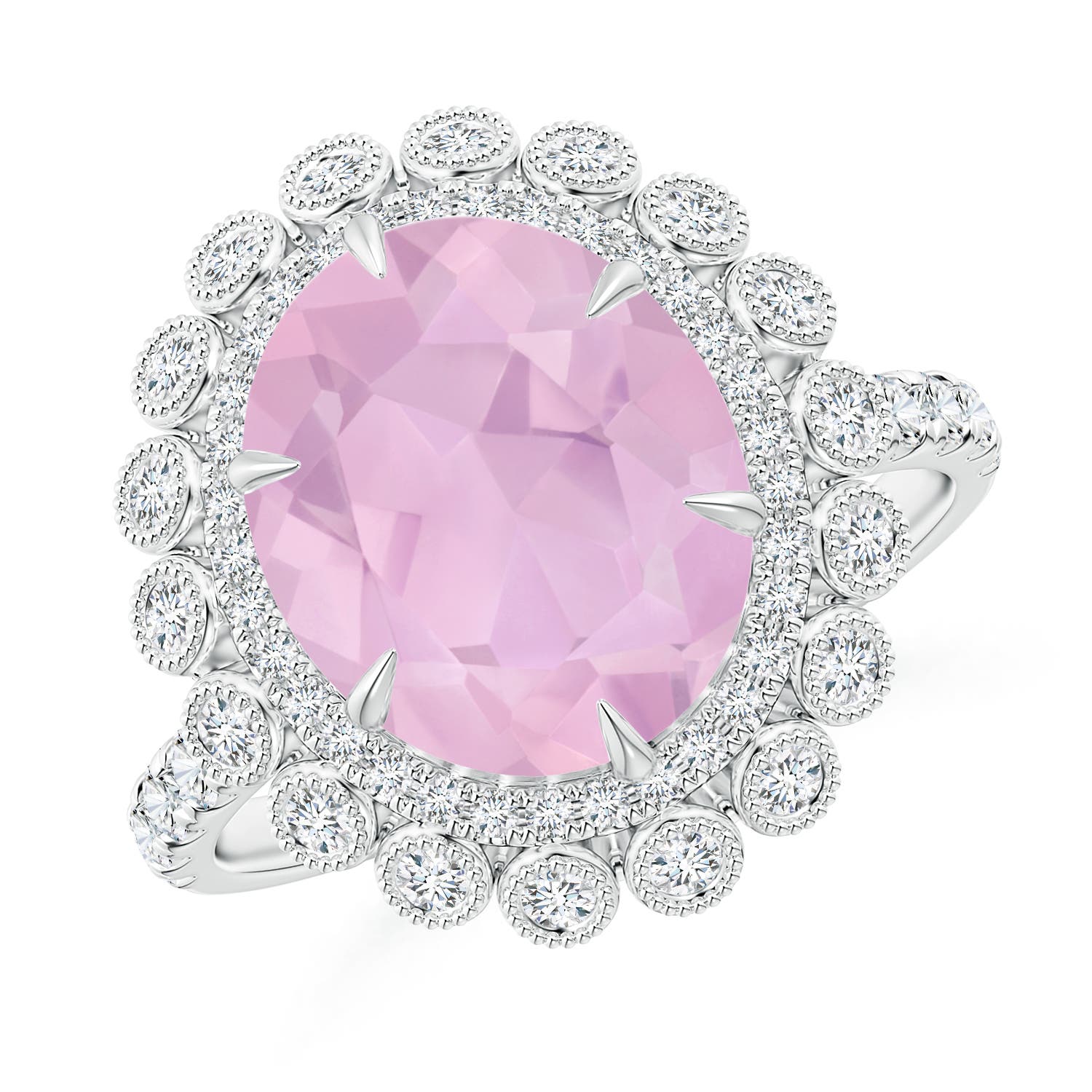 Claw-Set Oval Rose Quartz Double Halo Cocktail Ring