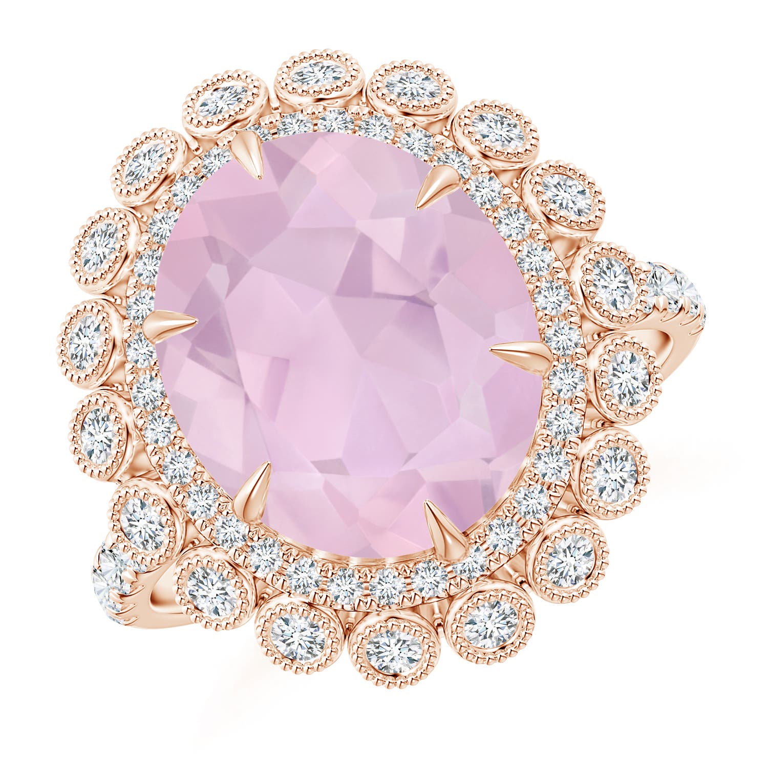Claw-Set Oval Rose Quartz Double Halo Cocktail Ring