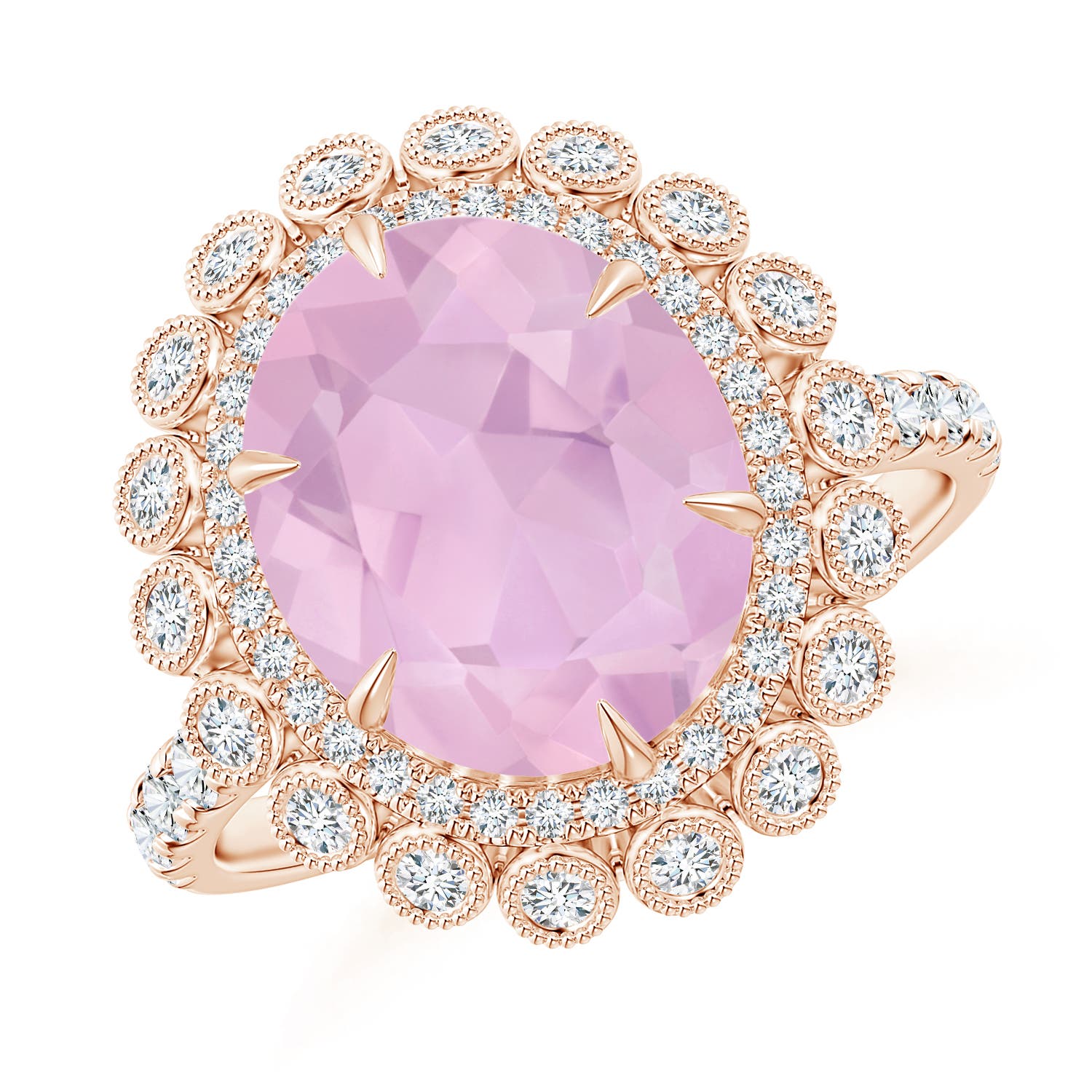 Claw-Set Oval Rose Quartz Double Halo Cocktail Ring