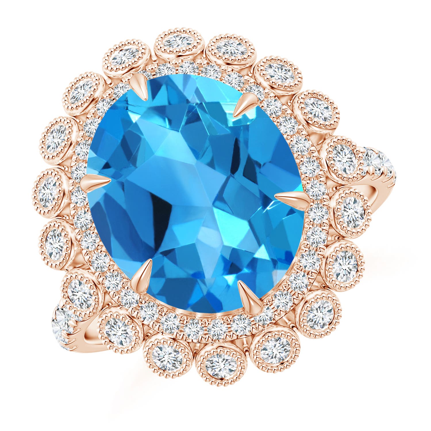 Claw-Set Oval Swiss Blue Topaz Double Halo Cocktail Ring