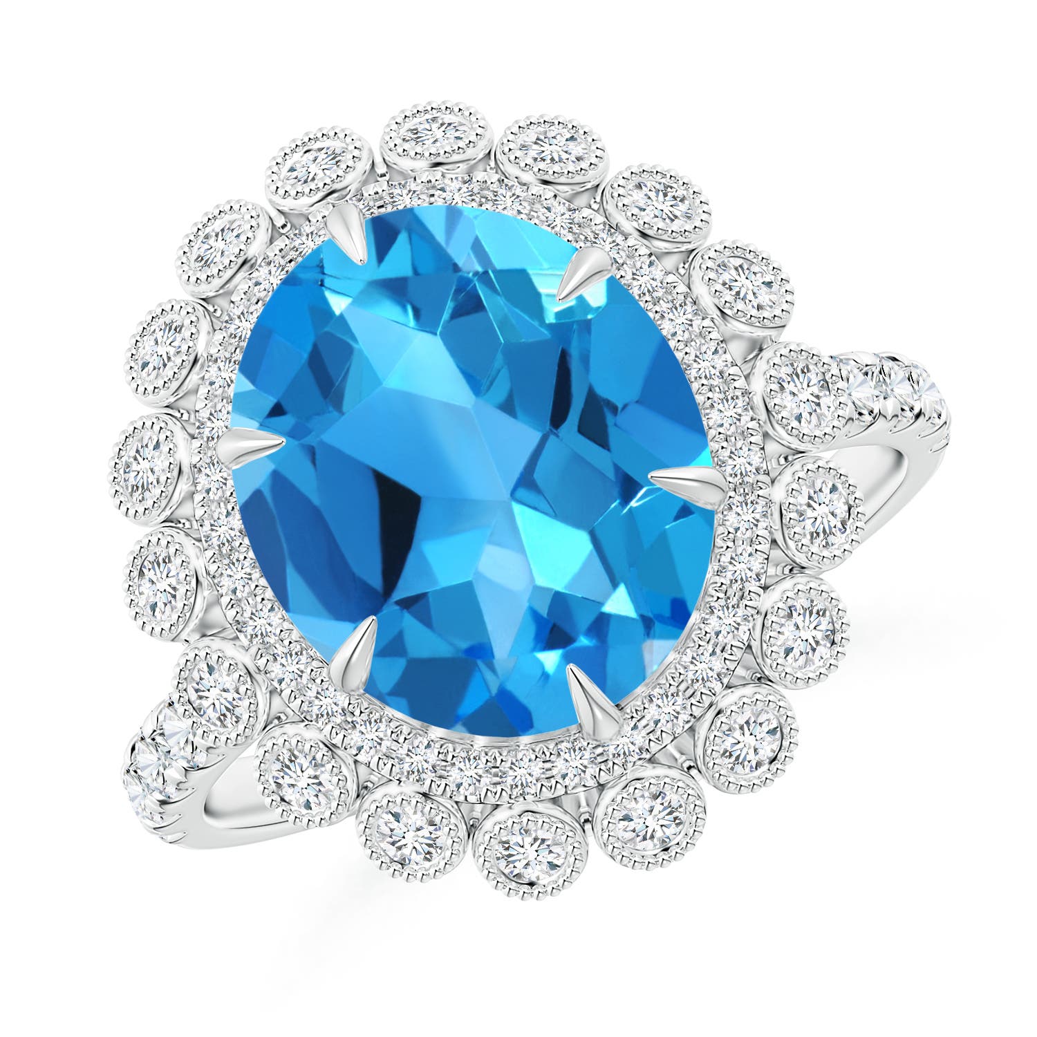 Claw-Set Oval Swiss Blue Topaz Double Halo Cocktail Ring
