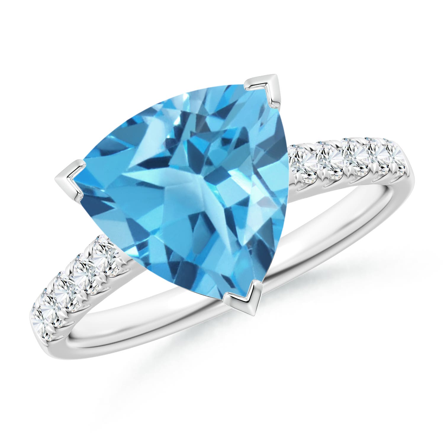 V-Prong Set Trillion Swiss Blue Topaz Ring with Diamonds