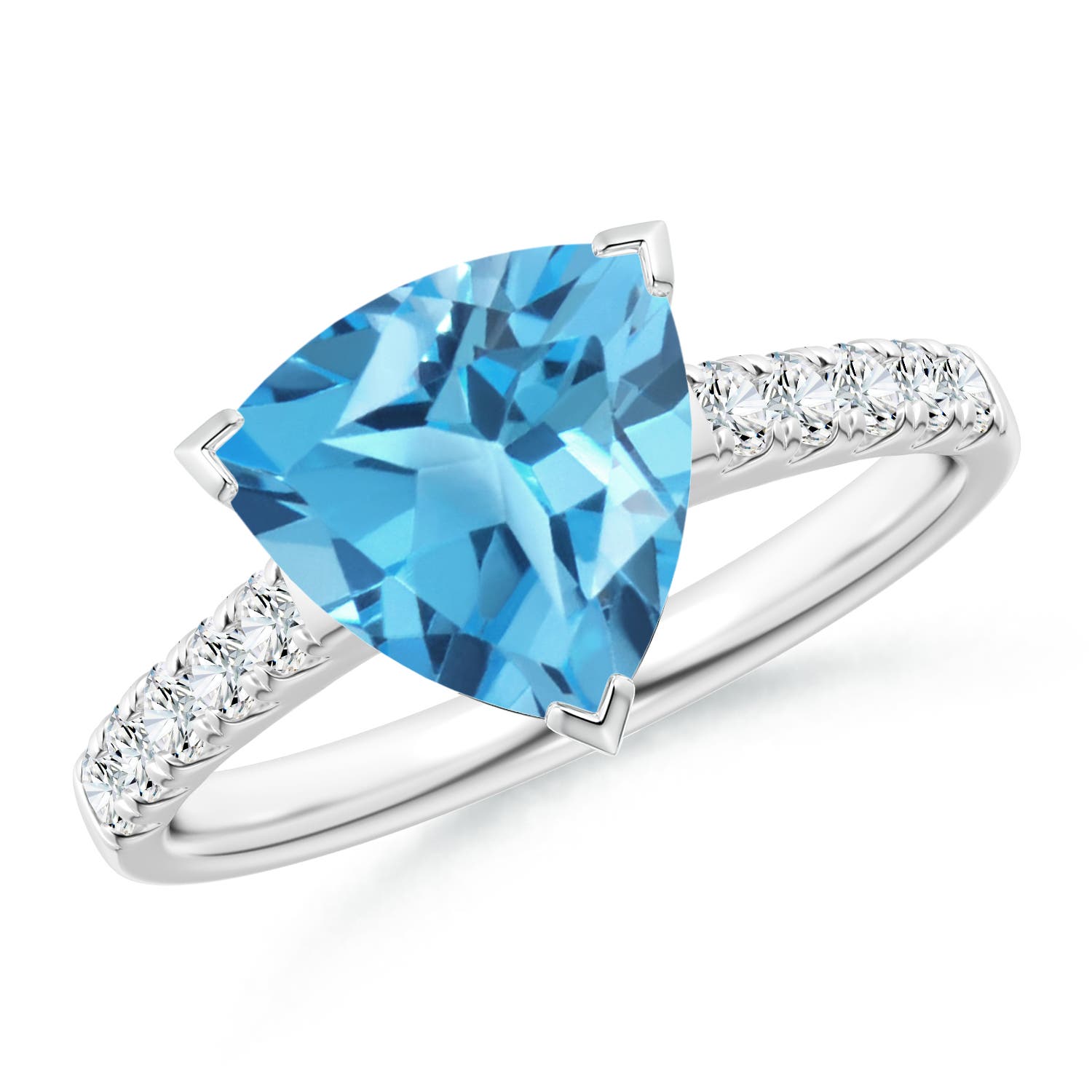 V-Prong Set Trillion Swiss Blue Topaz Ring with Diamonds