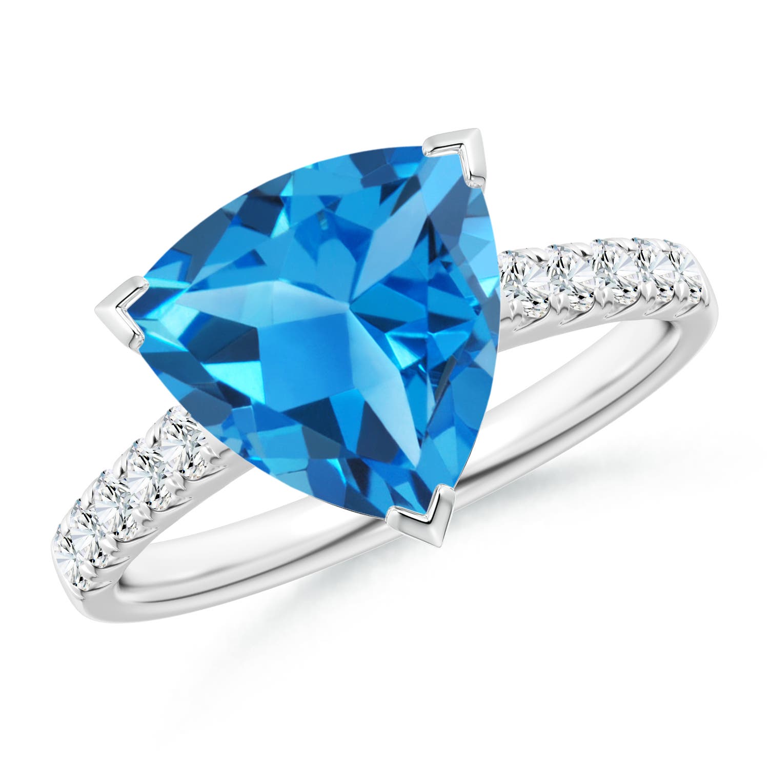 V-Prong Set Trillion Swiss Blue Topaz Ring with Diamonds