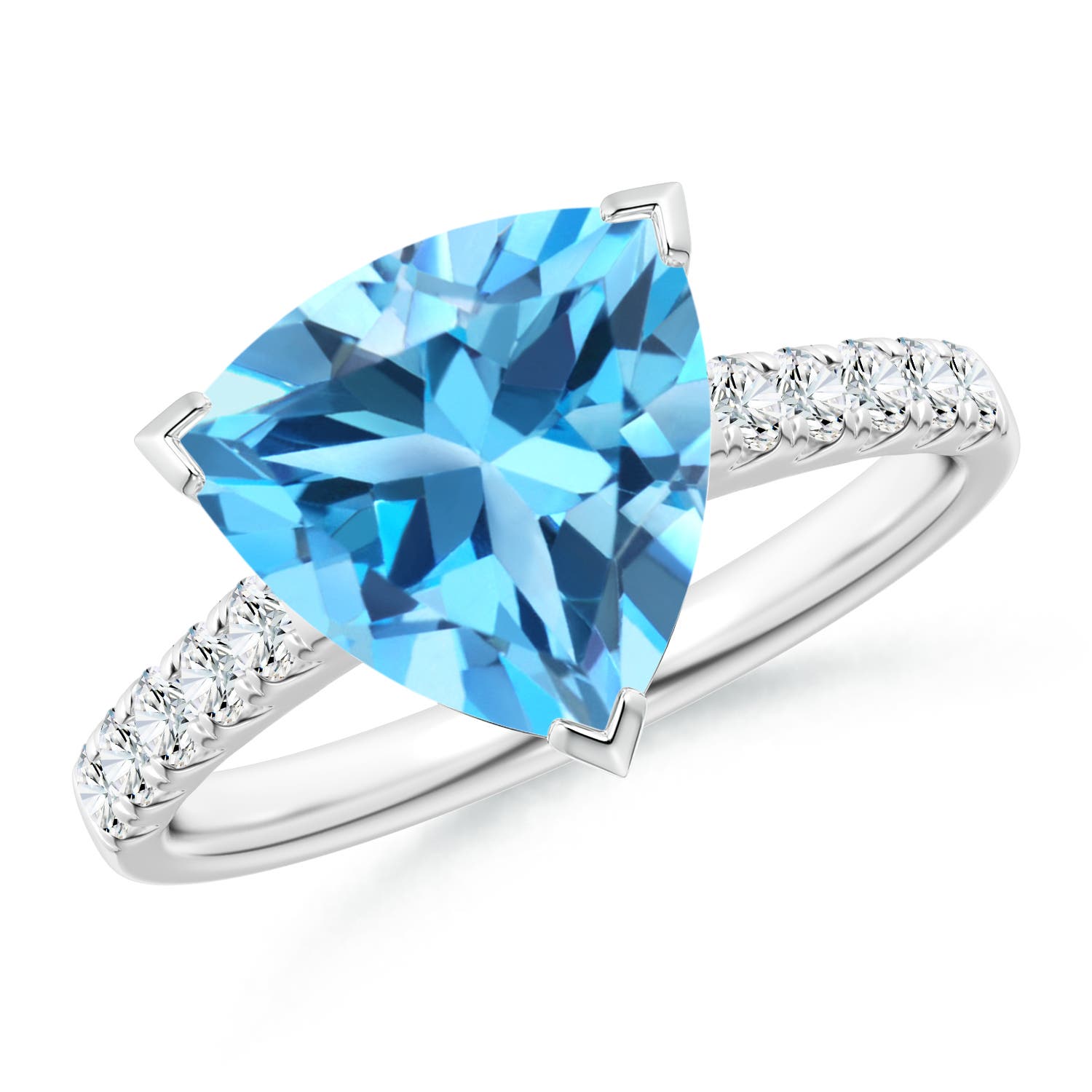 V-Prong Set Trillion Swiss Blue Topaz Ring with Diamonds
