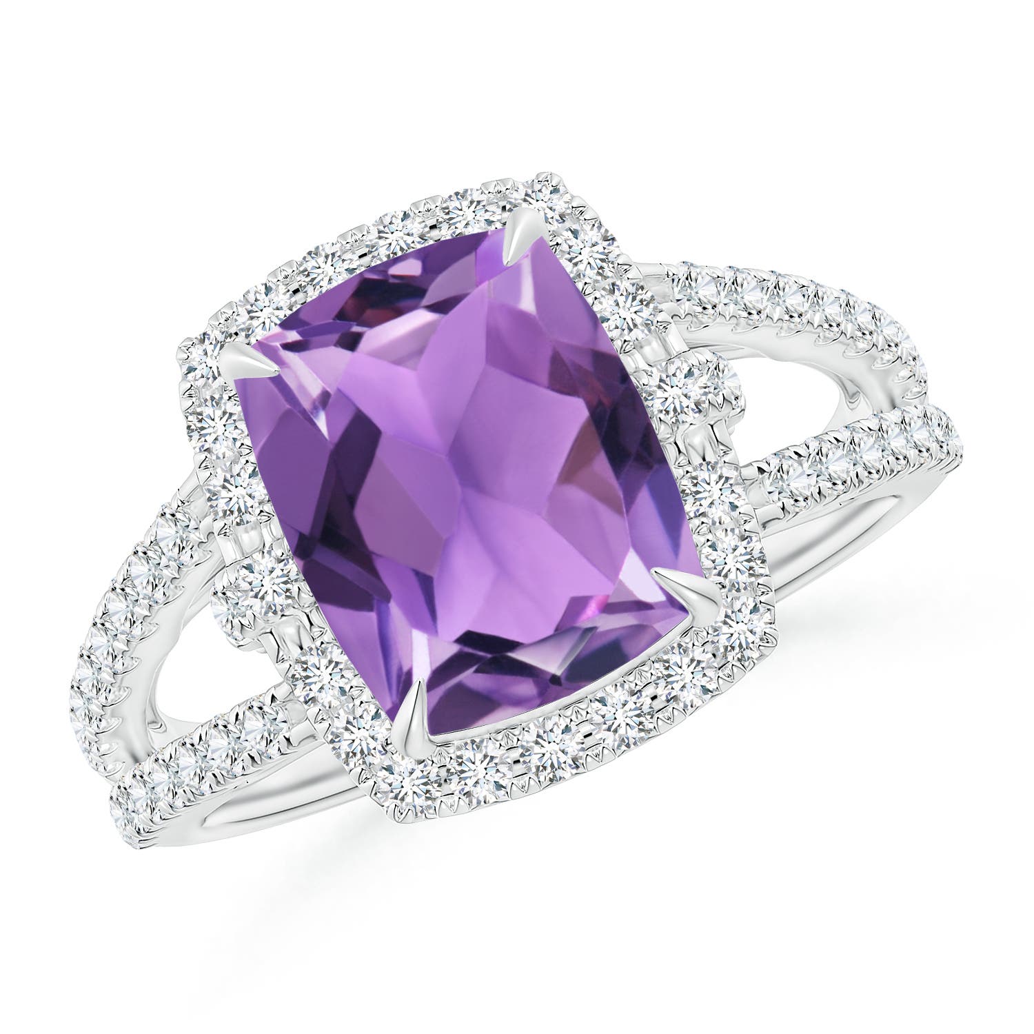 Claw-Set Cushion Amethyst Split Shank Cocktail Halo Ring