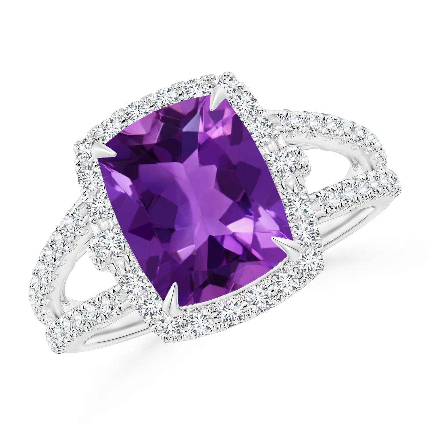 Claw-Set Cushion Amethyst Split Shank Cocktail Halo Ring