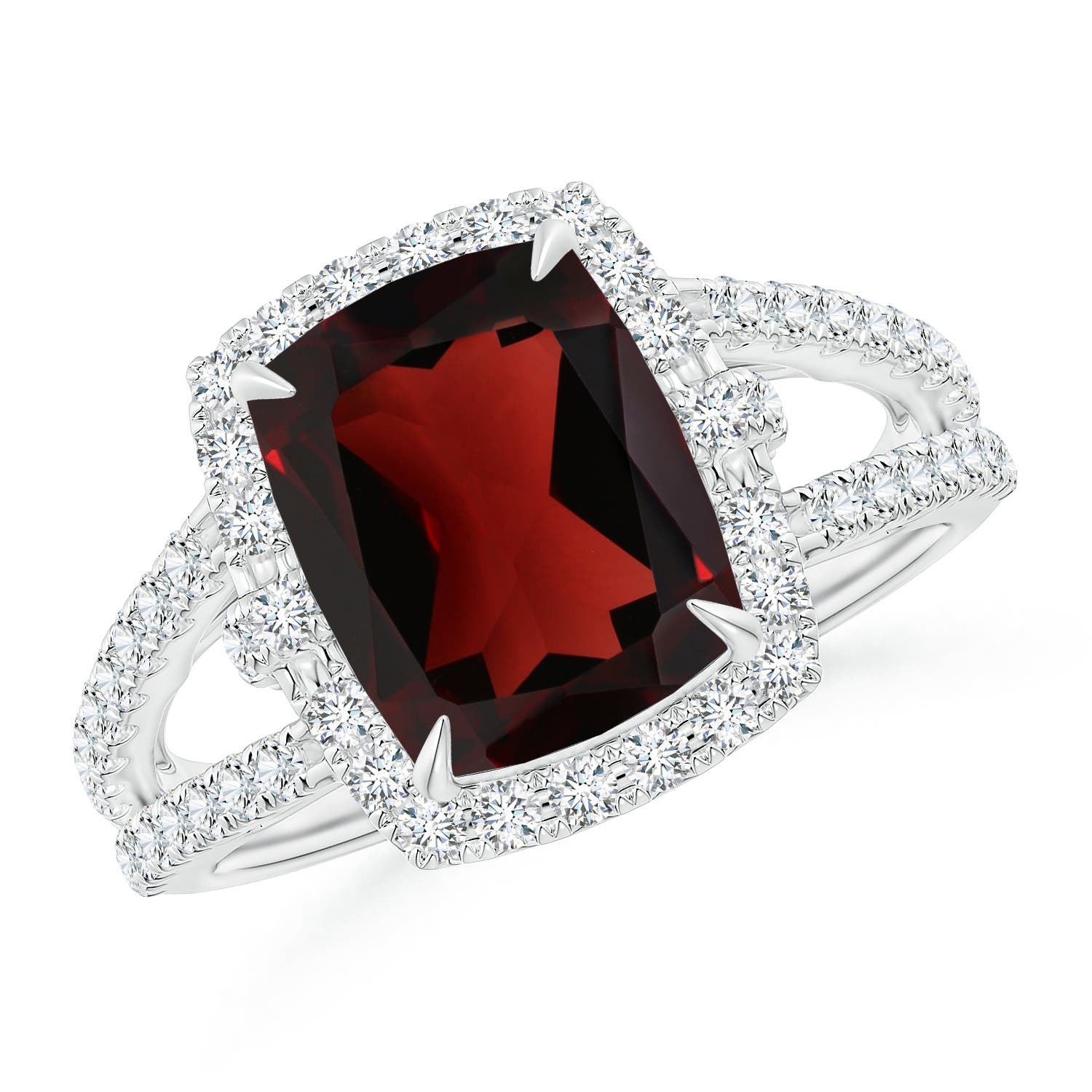 Claw-Set Cushion Garnet Split Shank Cocktail Halo Ring