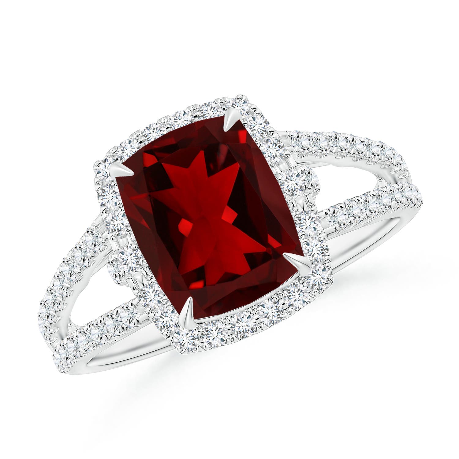 Claw-Set Cushion Garnet Split Shank Cocktail Halo Ring