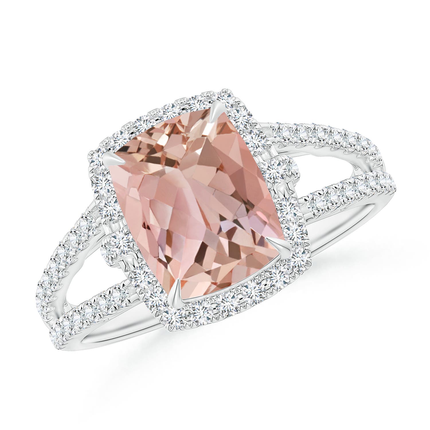Claw-Set Cushion Morganite Split Shank Cocktail Halo Ring