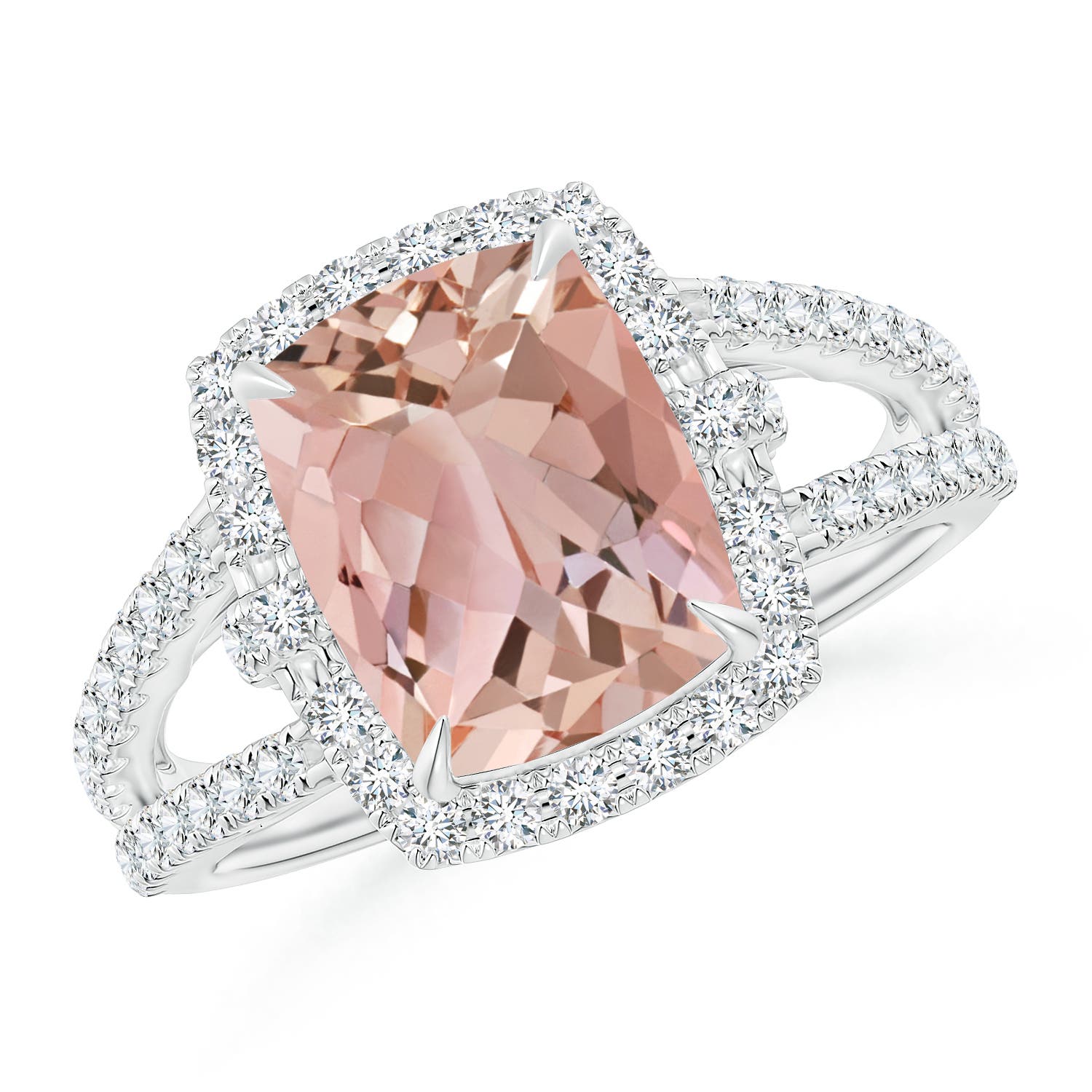 Claw-Set Cushion Morganite Split Shank Cocktail Halo Ring