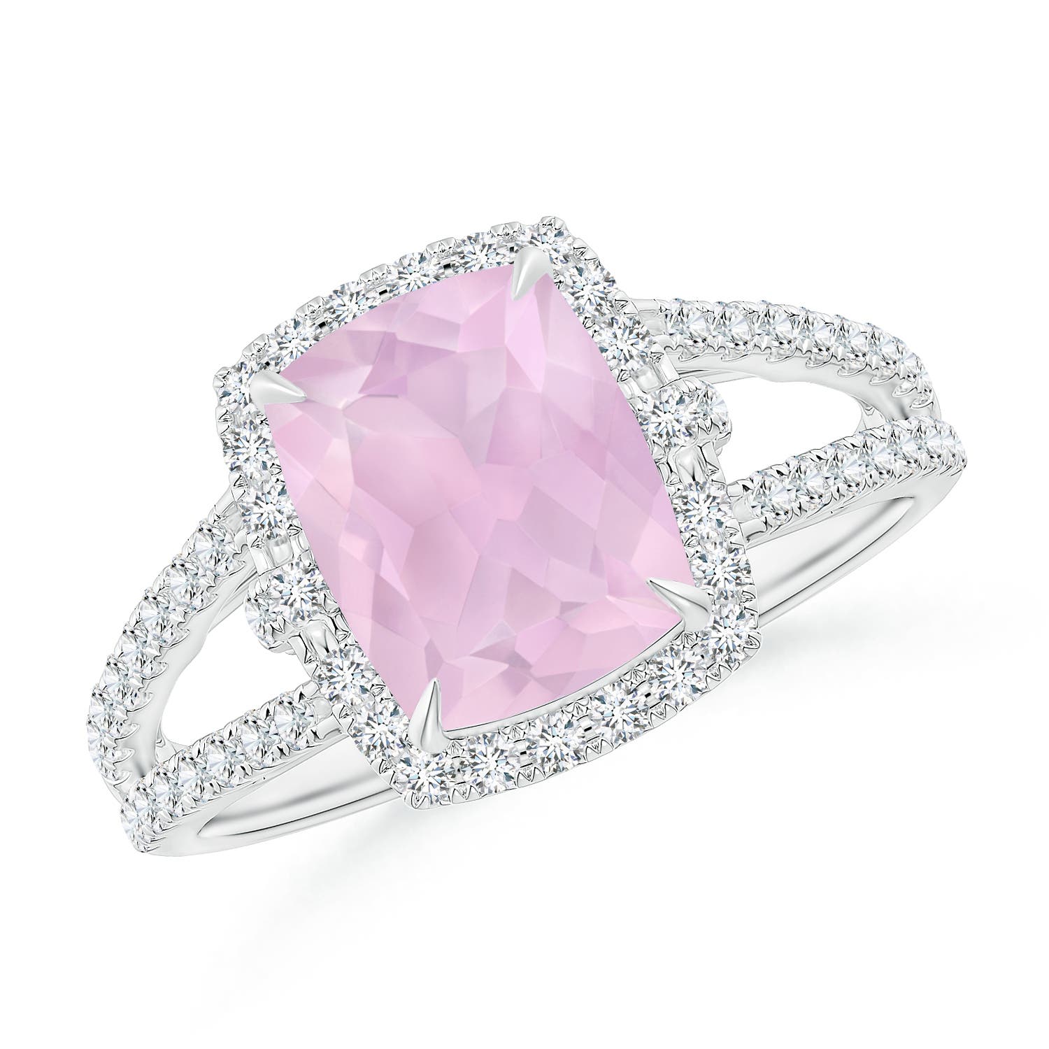 Claw-Set Cushion Rose Quartz Split Shank Cocktail Halo Ring