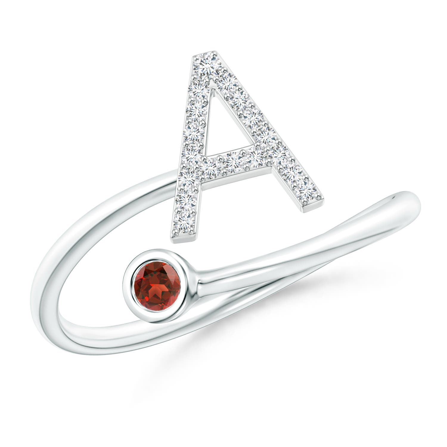 Capital A Diamond Initial Ring with Bezel-Set Garnet